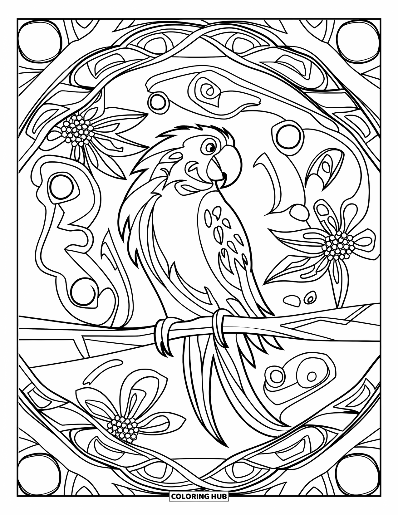 Dibujo para colorear de loro para adultos: Un loro de estilo tribal está enmarcado por diseños geométricos de serpientes, flores y formas
