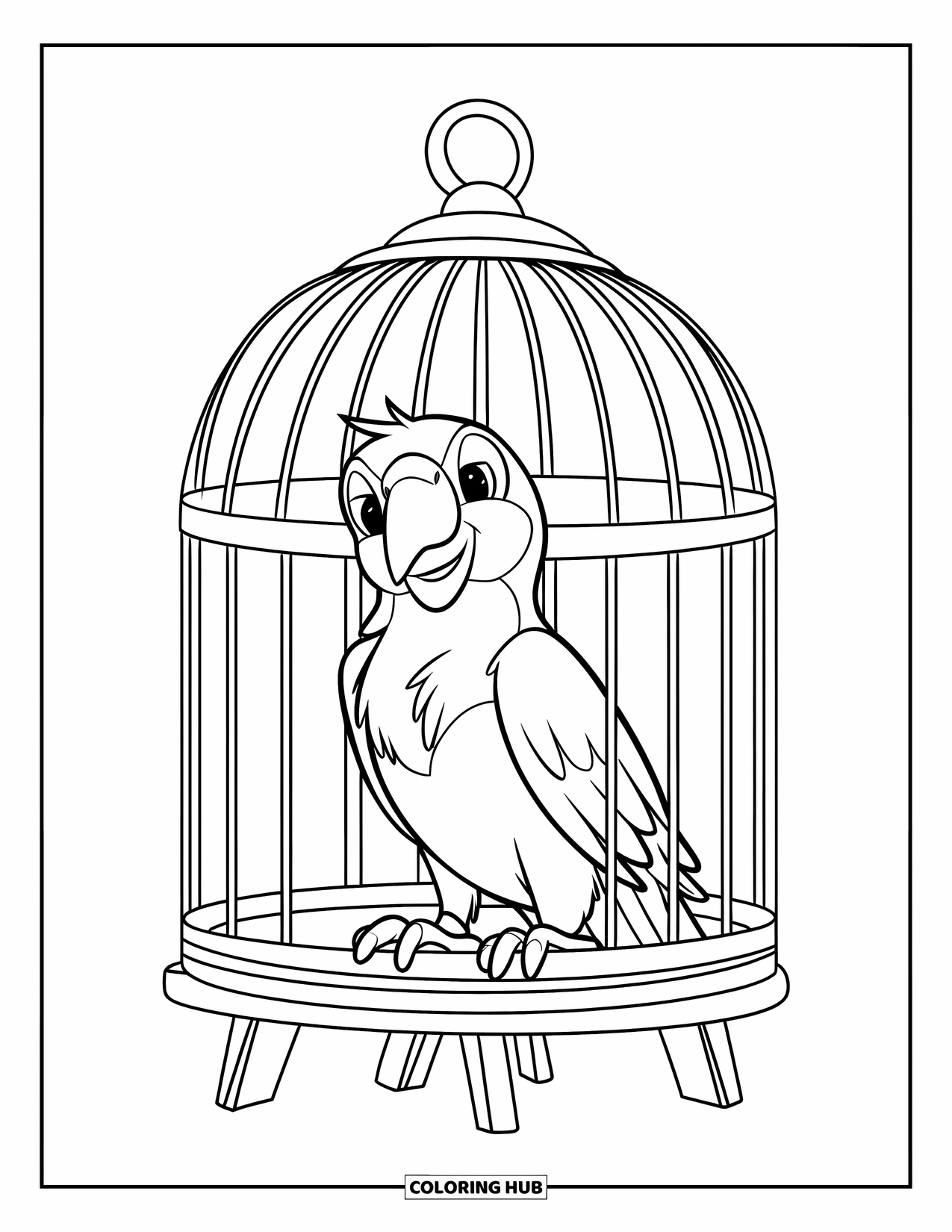 Dibujo de loro para colorear para niños: Un loro alegre inclina su cabeza dentro de una jaula simple