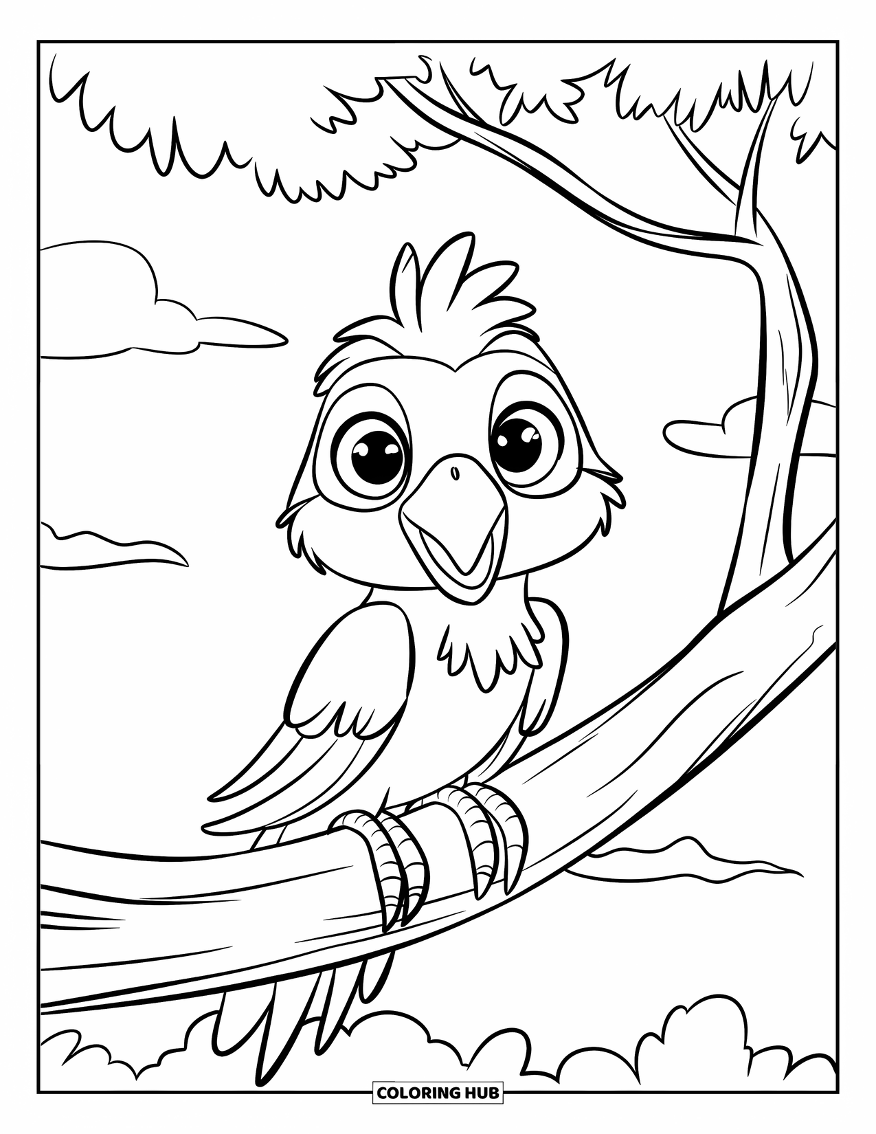 Dibujo de loro para colorear para niños: Un loro alegre con grandes ojos se posa en la rama de un árbol frondoso