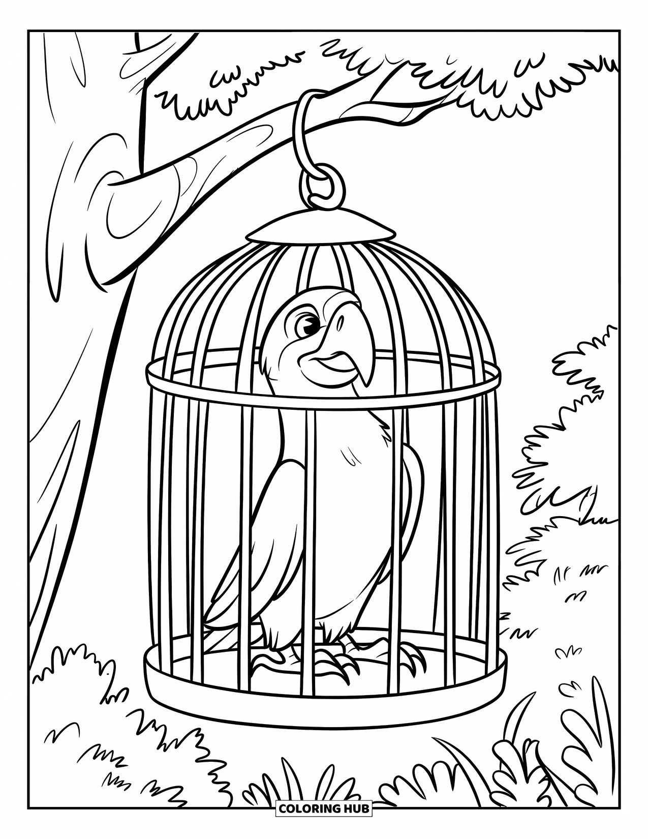 Dibujo de loro para colorear para niños: Un loro curioso se sienta dentro de una jaula colgante en un bosque verde