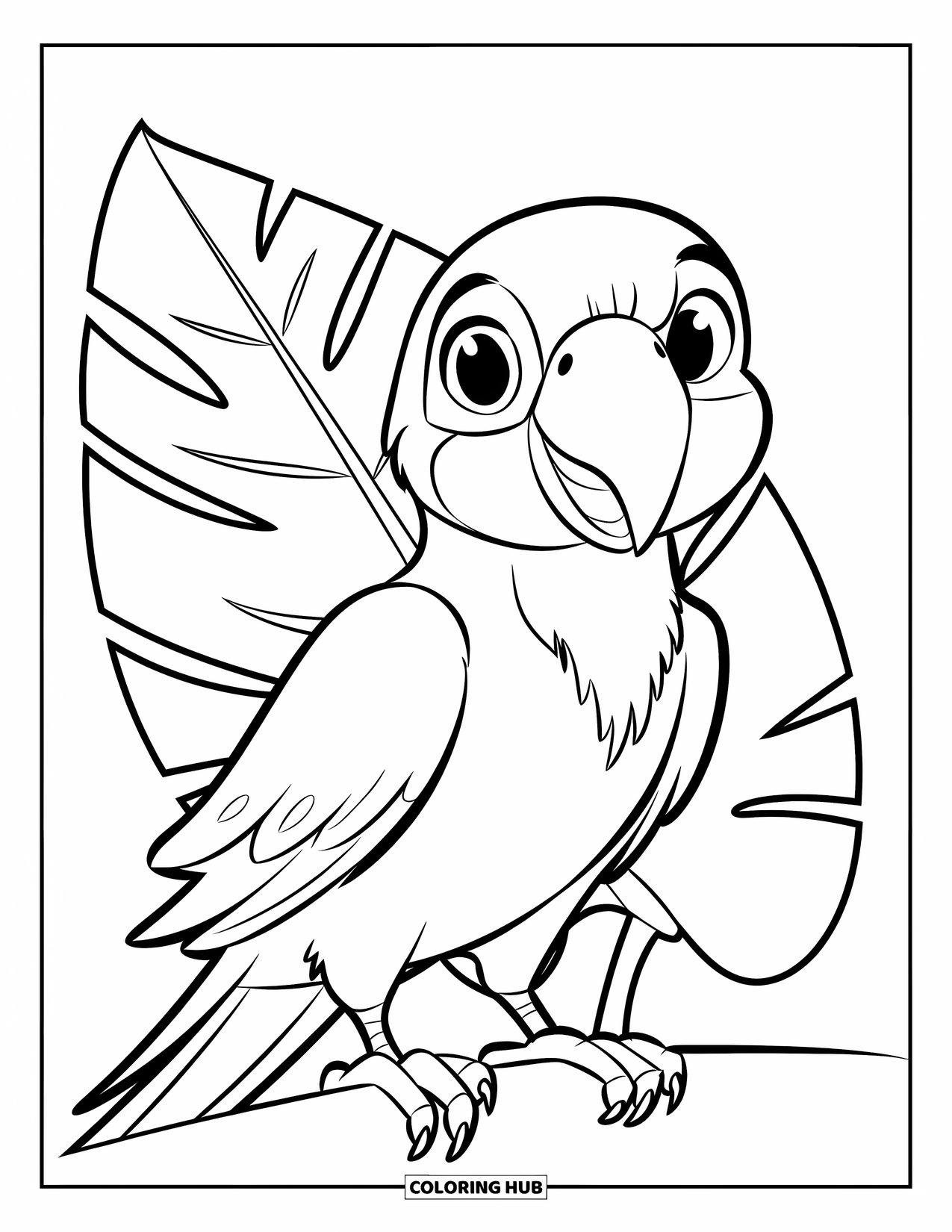Dibujo de loro para colorear para niños: Un loro lindo se encuentra en una percha con una simple hoja tropical detrás