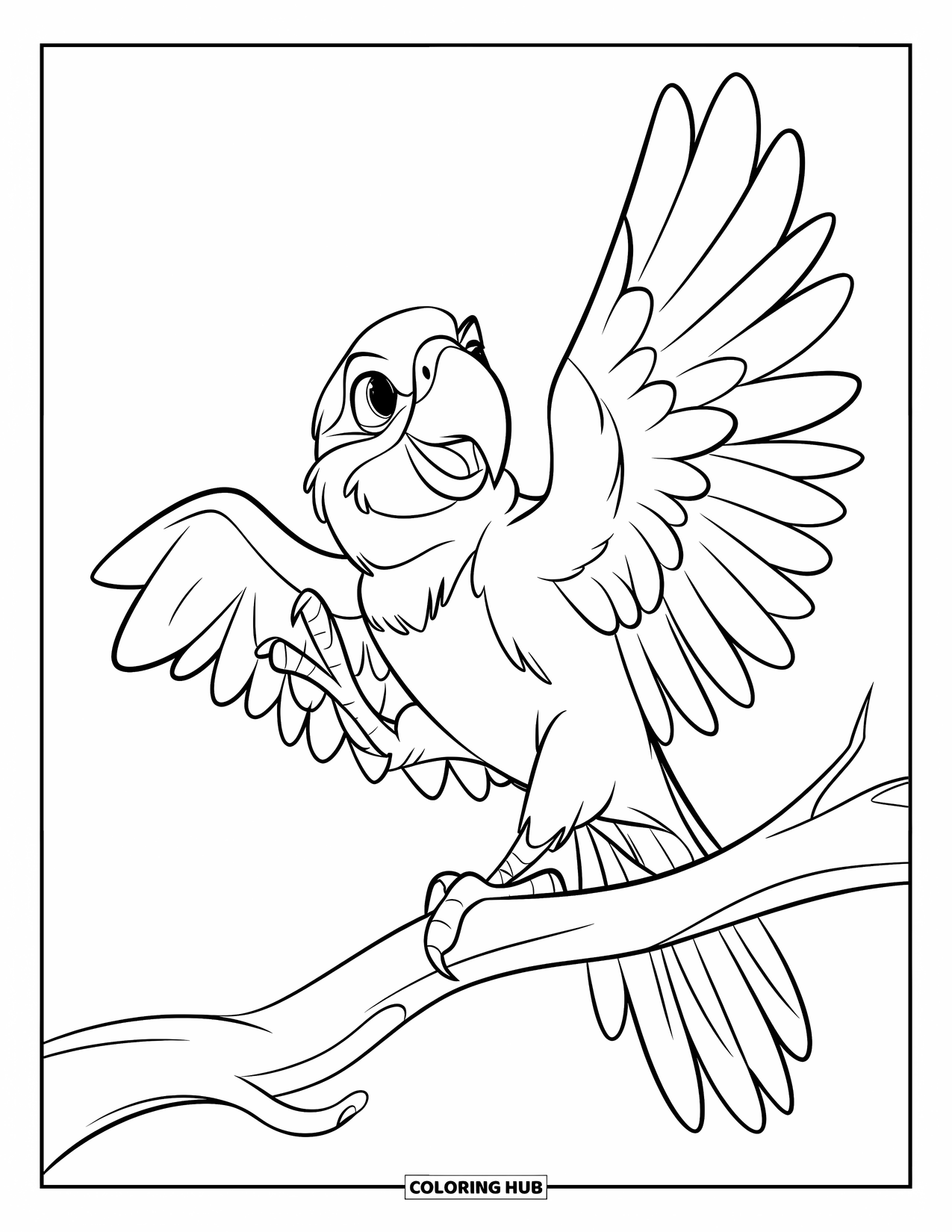 Dibujo de loro para colorear para niños: Un loro dramático se posa con un pie levantado y plumas erizadas