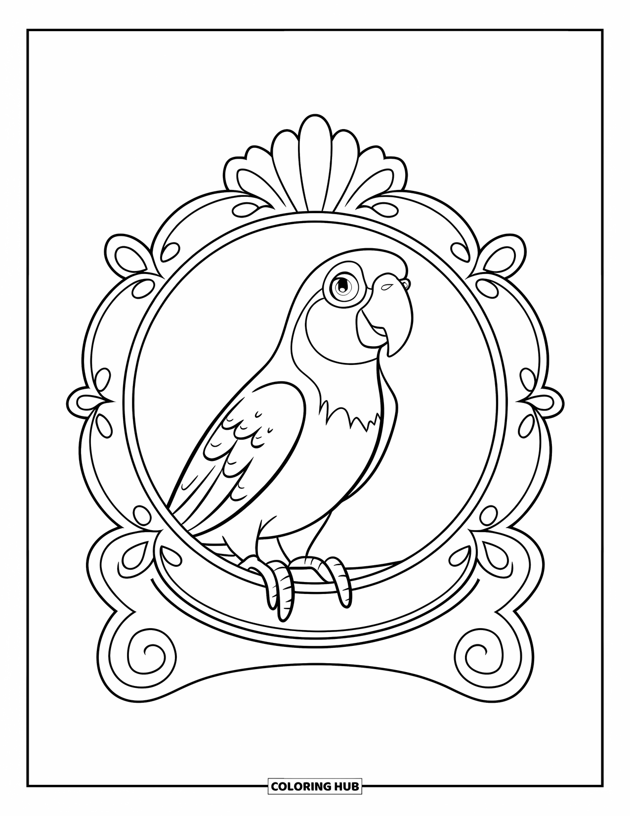 Dibujo de loro para colorear para niños: Una ilustración de loro enmarcada con diseños florales y un soporte decorativo