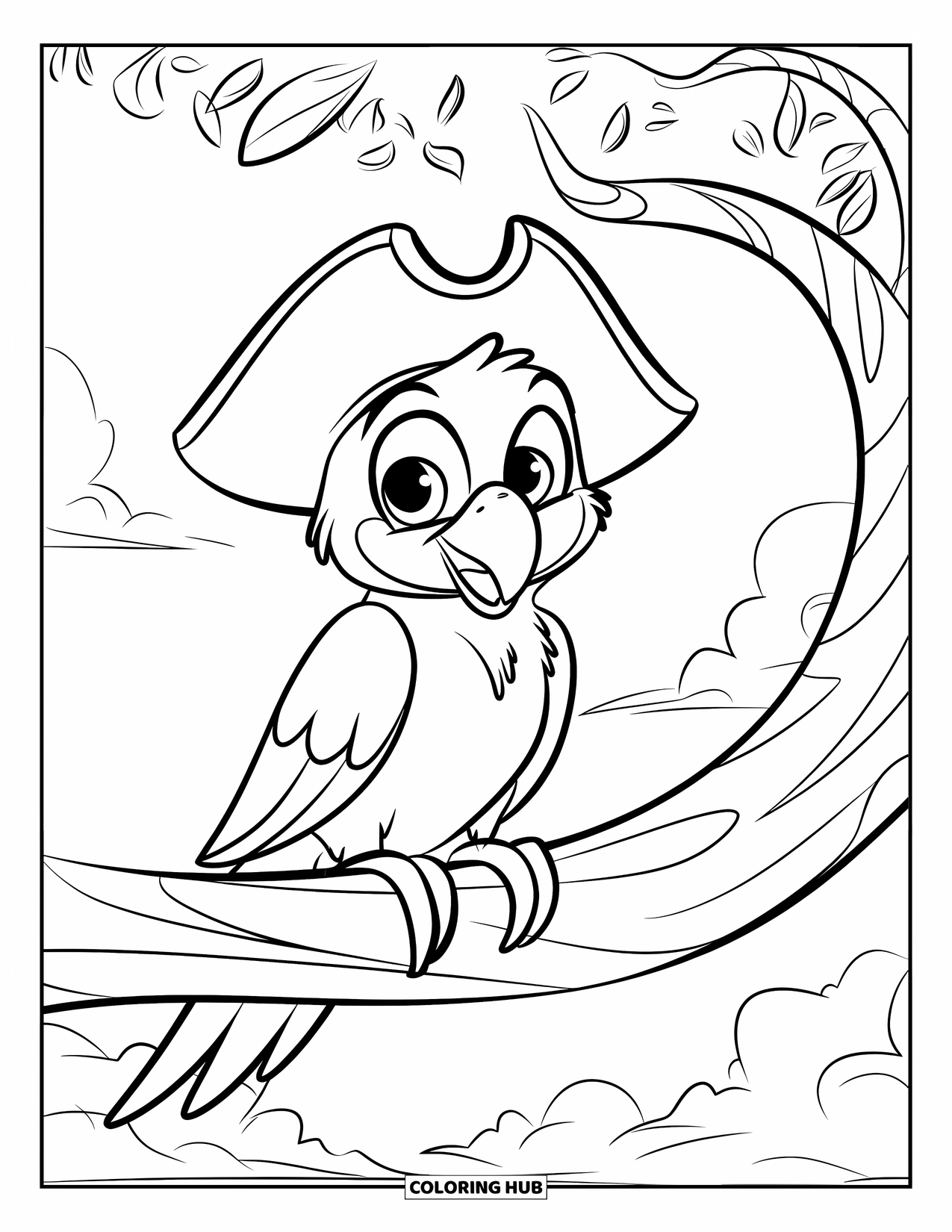 Dibujo de loro para colorear para niños: Un loro feliz con un sombrero de pirata se sienta en una rama curva con hojas