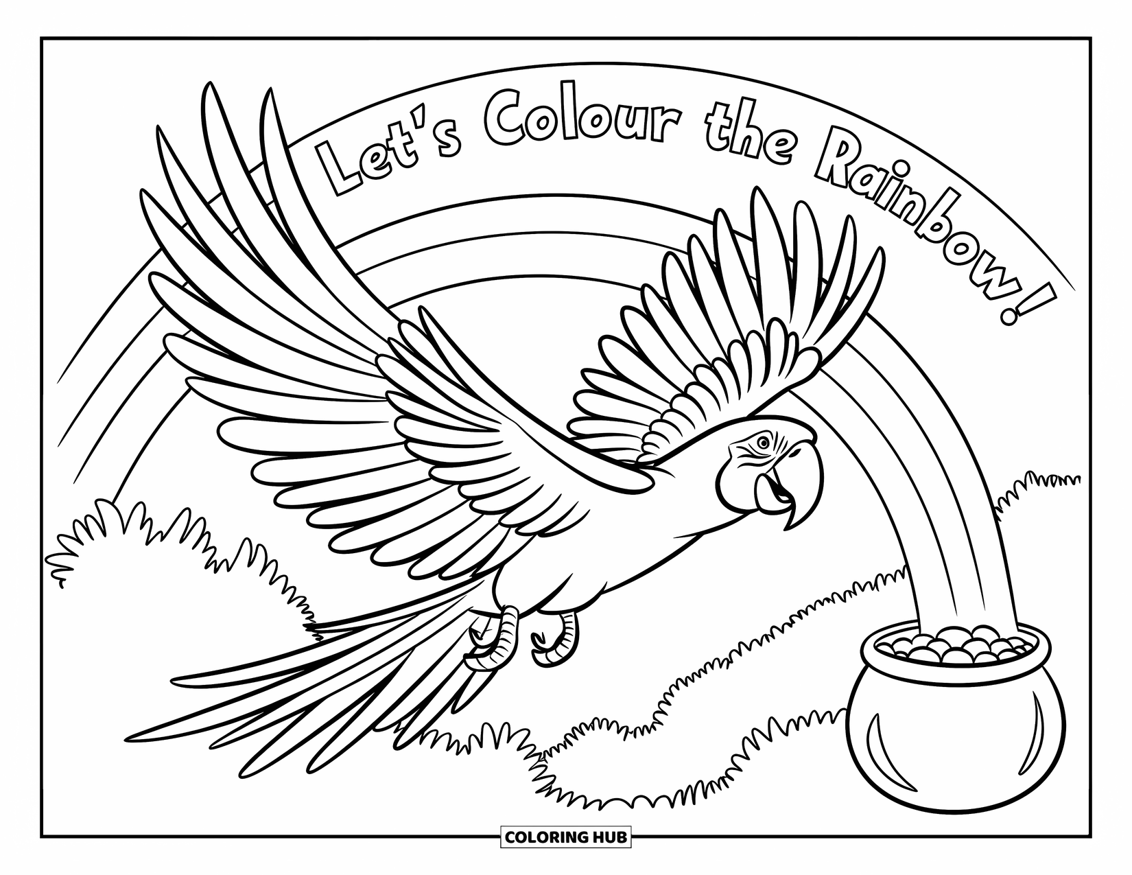 Dibujo de loro para colorear para niños: Un guacamayo vuela sobre un arcoíris con una olla de oro al final