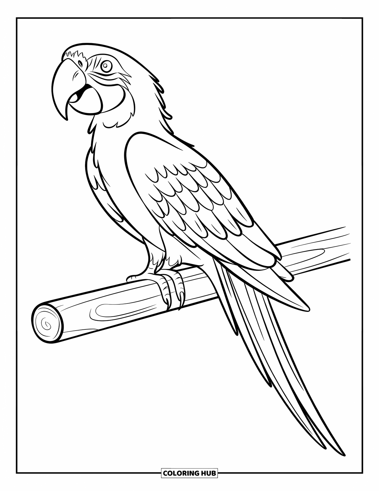 Dibujo de loro para colorear para niños: Un guacamayo con un cuerpo azul brillante se posa en una viga de madera