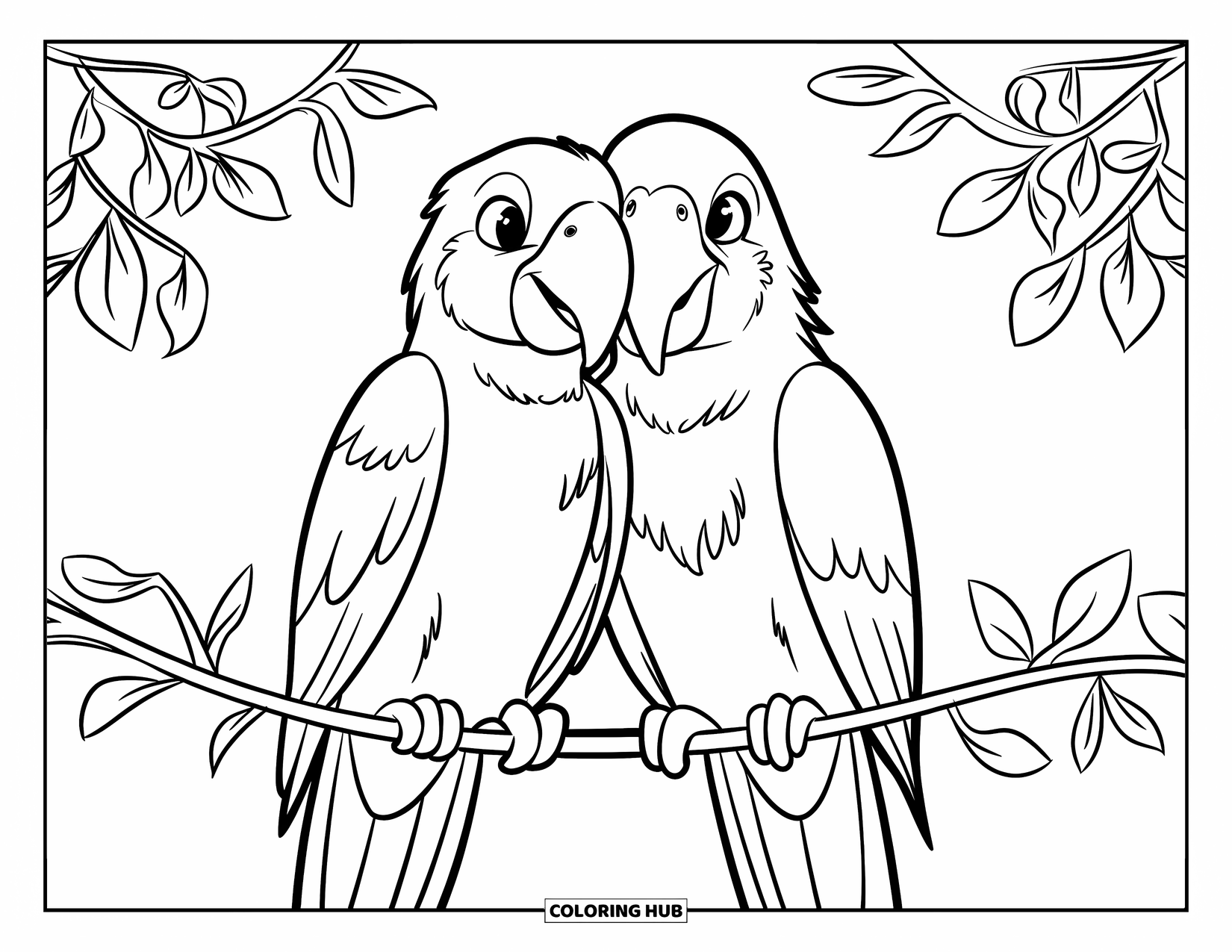 Dibujo de loro para colorear para niños: Un par de loros se sientan juntos en una delicada enredadera