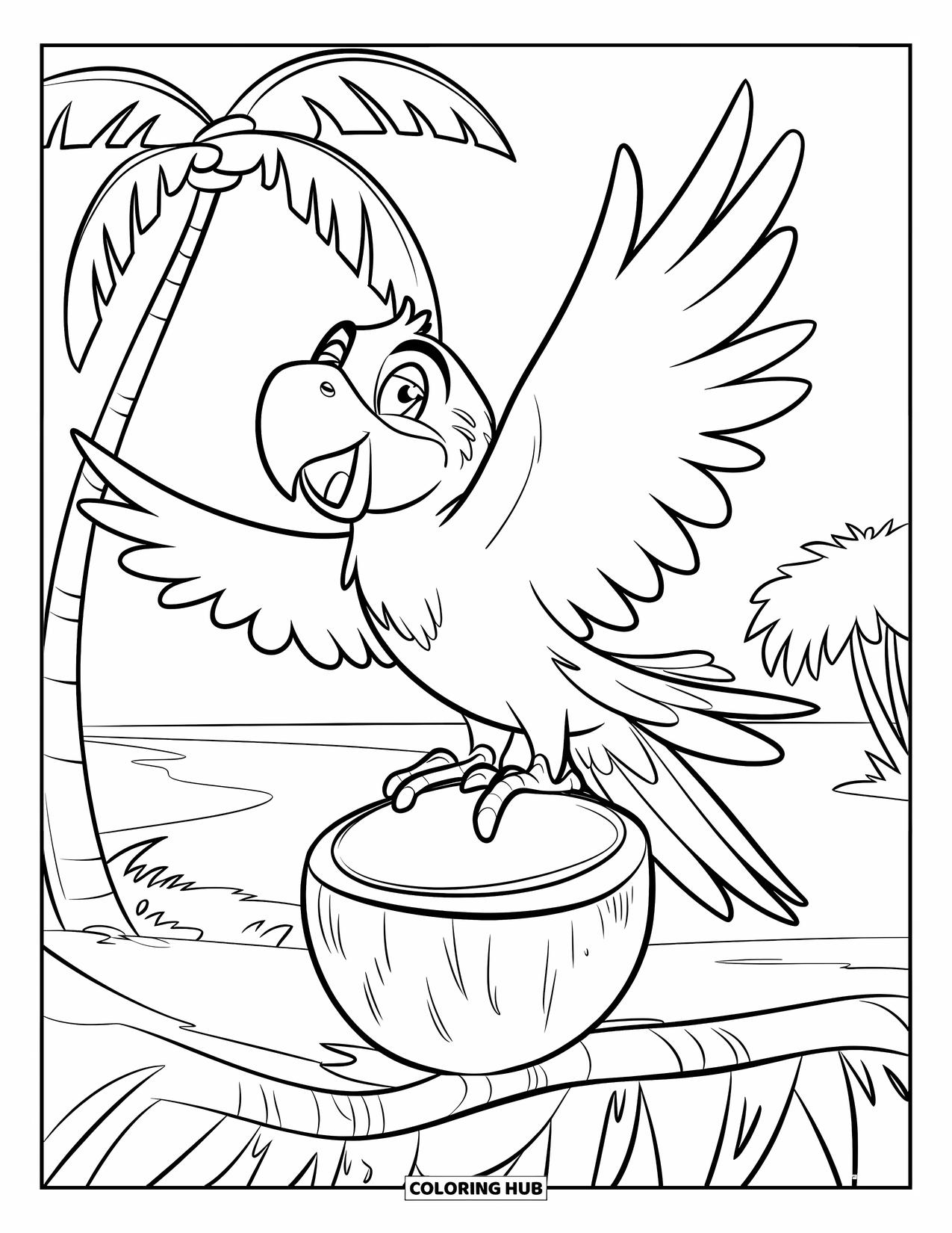 Dibujo de loro para colorear para niños: Un loro se equilibra sobre un coco cerca de una playa tropical