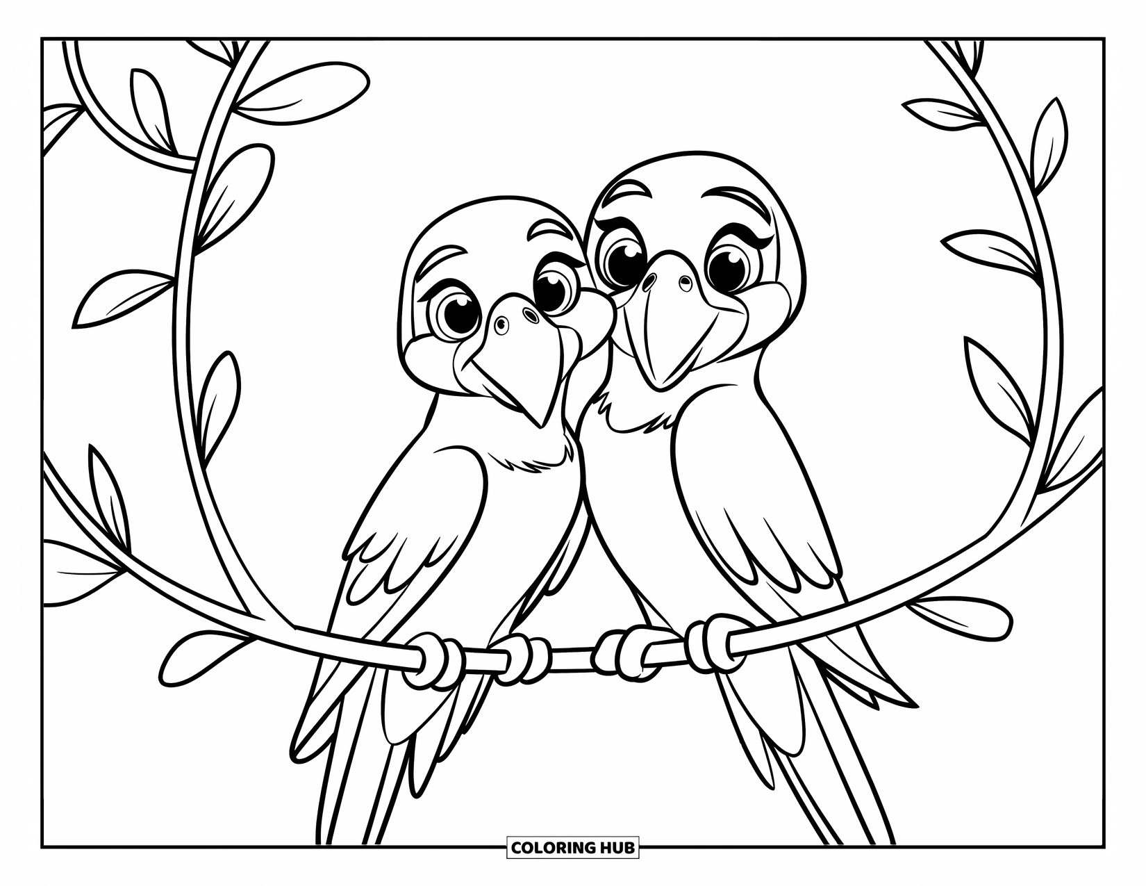 Dibujo de loro para colorear para niños: Una pareja de loros con grandes ojos se sienta en una enredadera retorcida