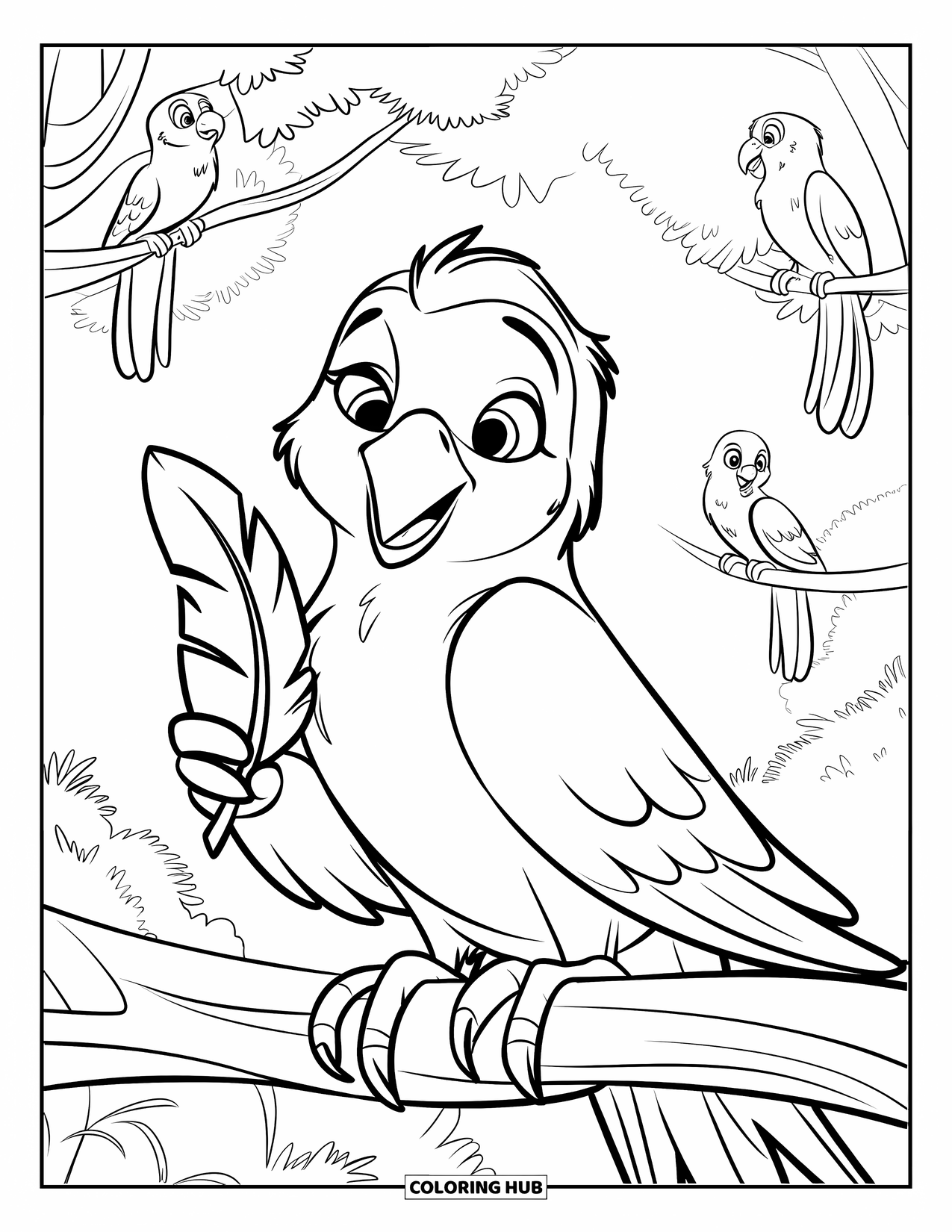 Dibujo de loro para colorear para niños: Un loro sostiene una pluma mientras está posado en una rama en un exuberante bosque
