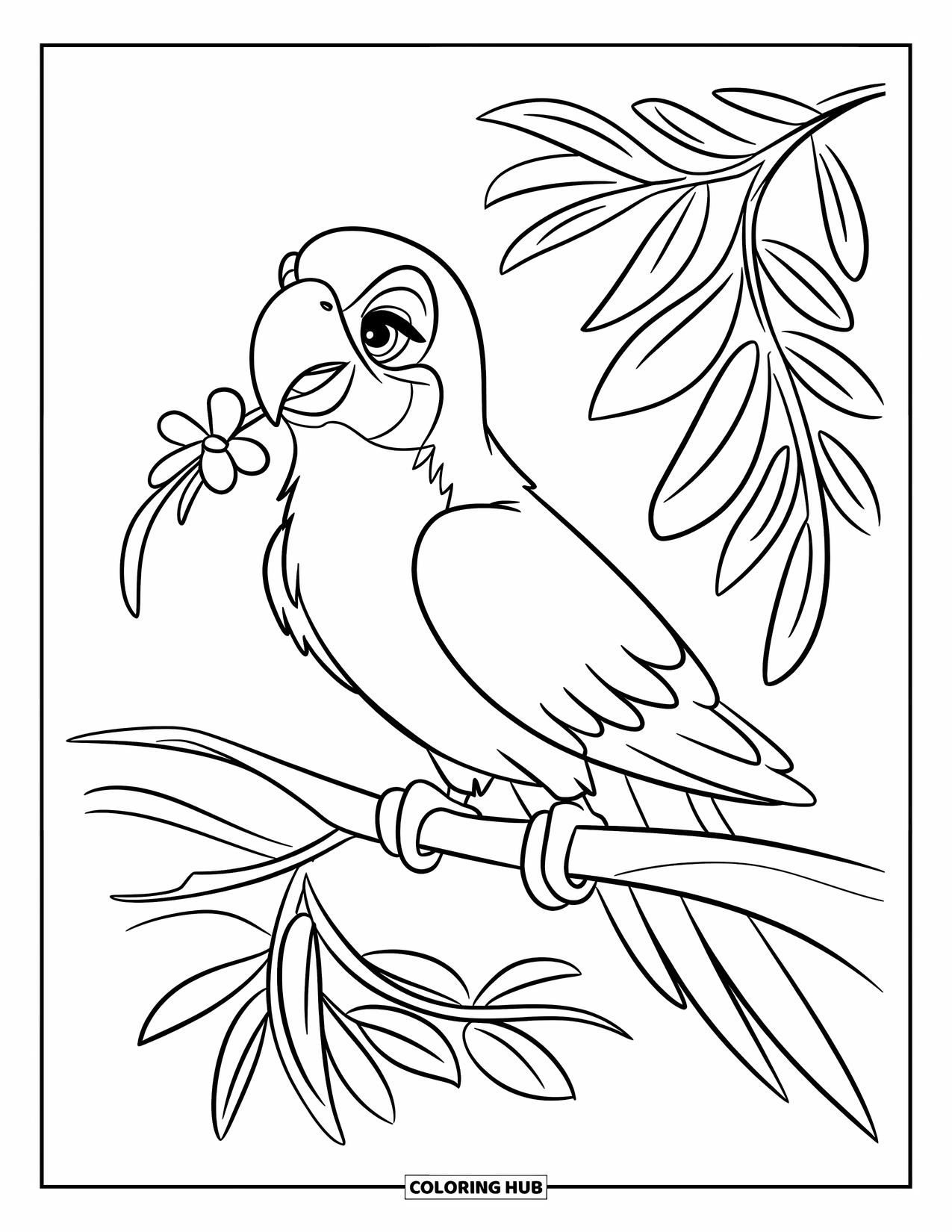 Dibujo de loro para colorear para niños: Un loro sostiene una pequeña flor en su pico mientras está posado en una rama