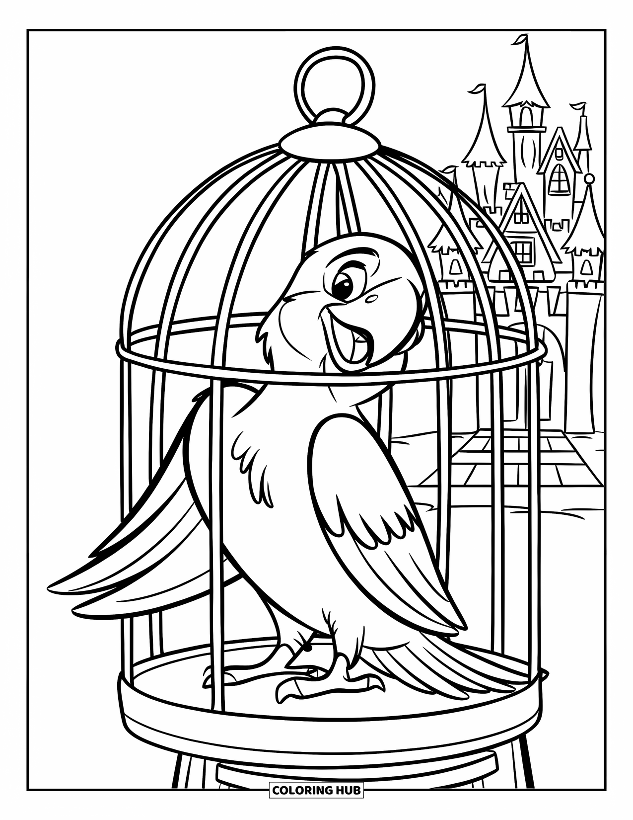 Dibujo de loro para colorear para niños: Un loro en una jaula inclina su cabeza alegremente en un soporte de madera
