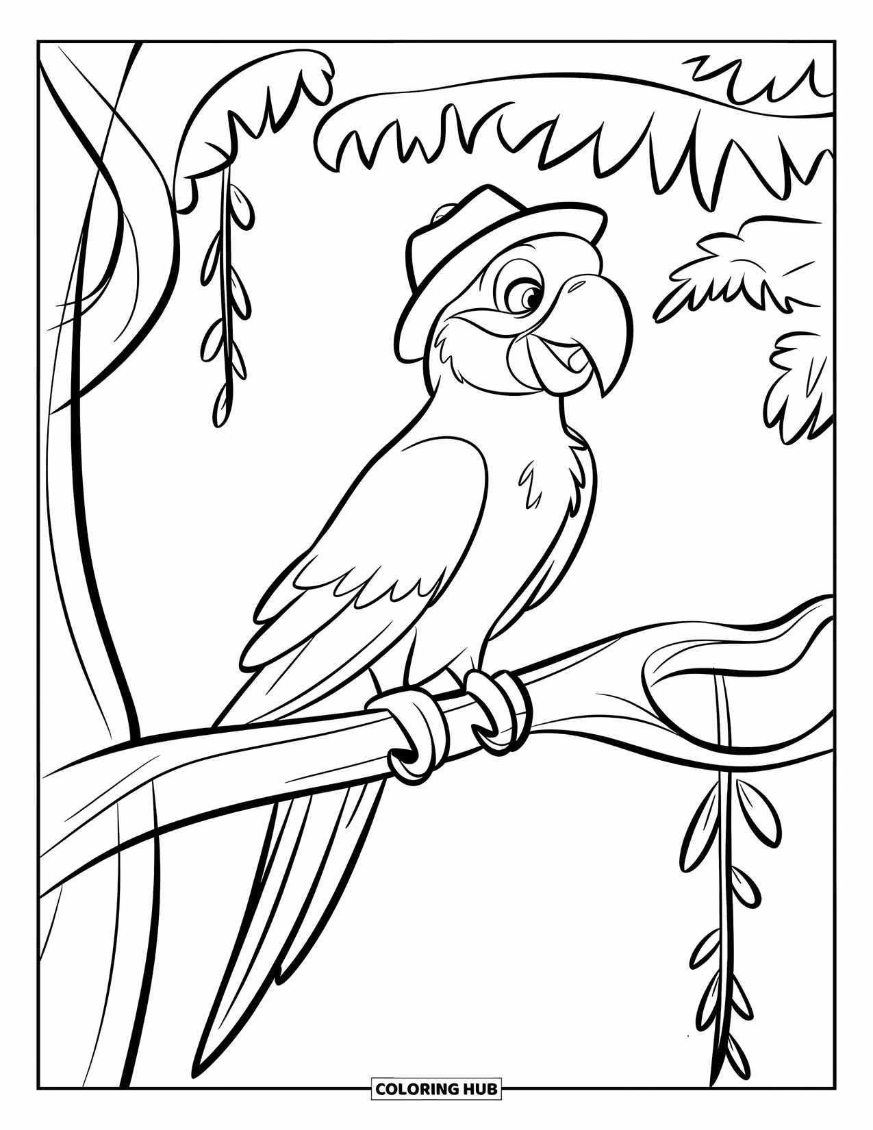 Dibujo de loro para colorear para niños: Un loro con un sombrero rojo se sienta en una rama con enredaderas, mirando hacia la derecha