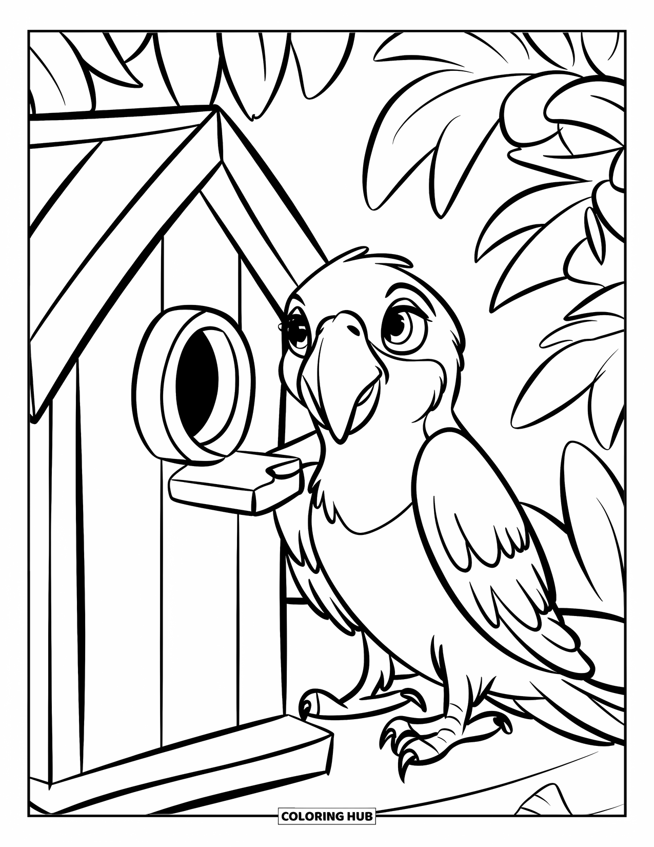 Dibujo de loro para colorear para niños: Un loro mira dentro de una pequeña abertura de una pajarera rústica