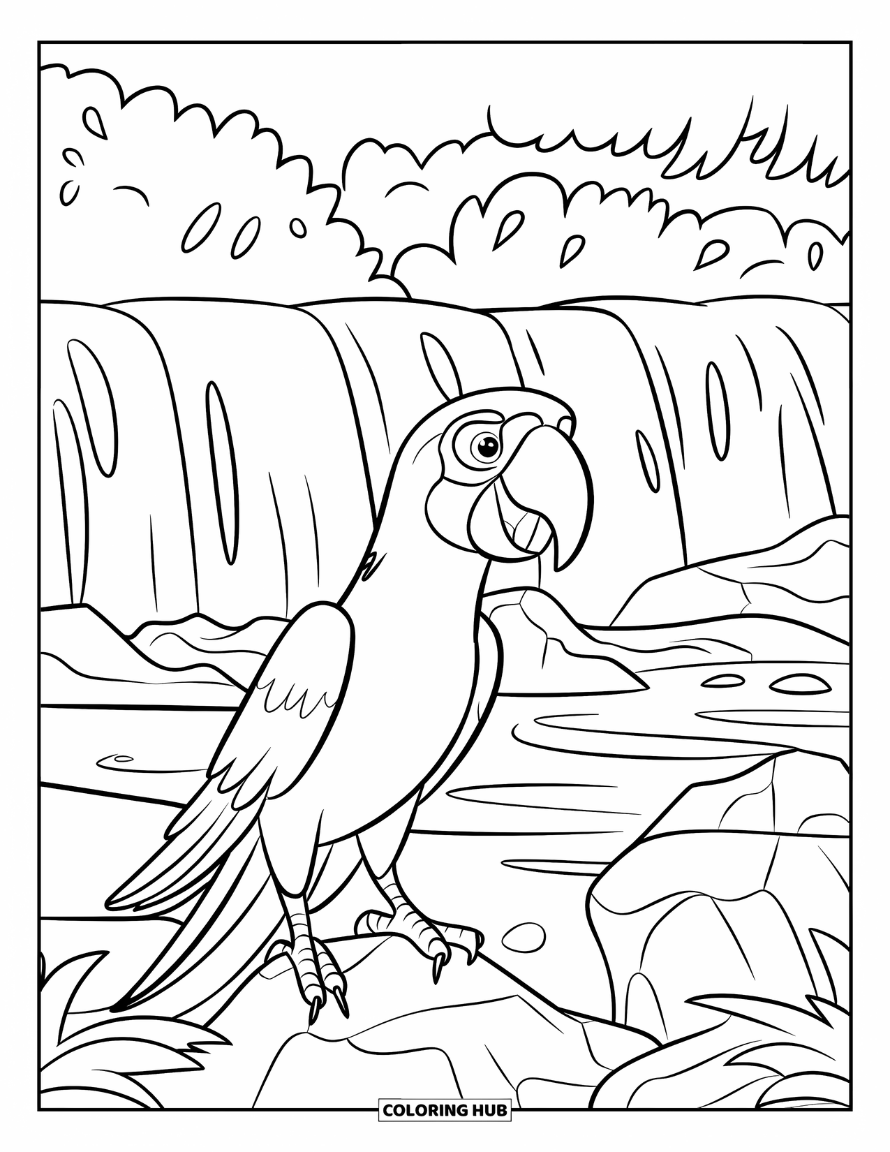 Dibujo de loro para colorear para niños: Un loro se posa junto a una cascada, rodeado de niebla y vegetación