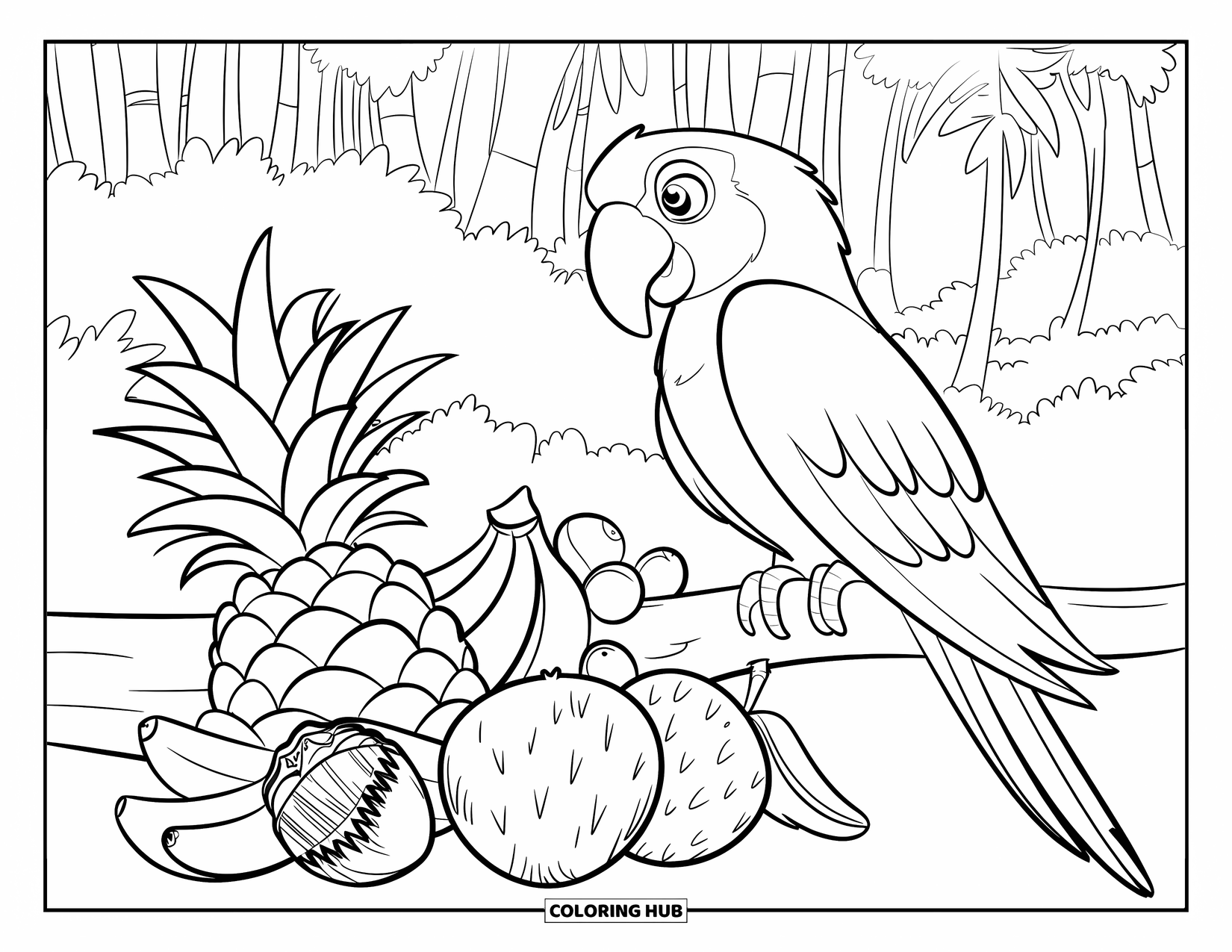 Dibujo de loro para colorear para niños: Un loro se posa cerca de frutas tropicales en un entorno selvático vibrante