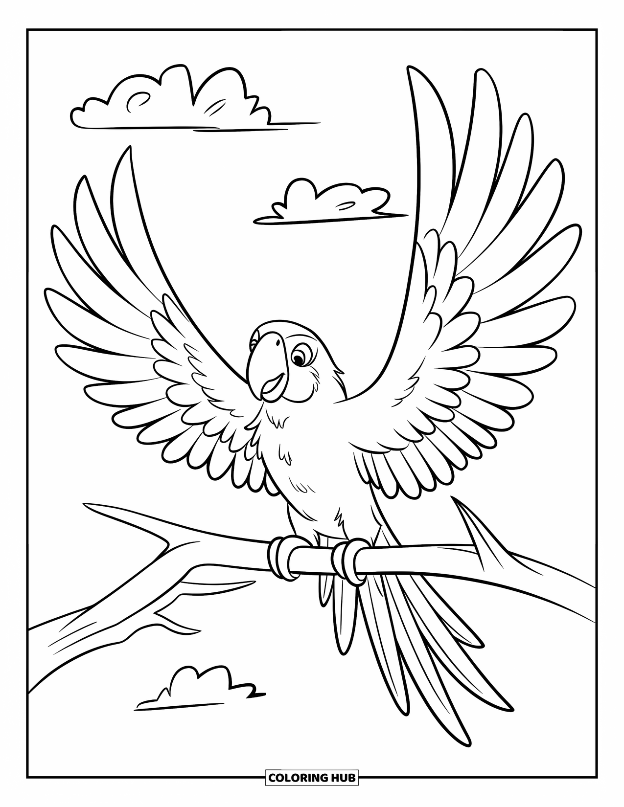 Dibujo de loro para colorear para niños: Un loro se posa en una rama, extendiendo sus alas contra un cielo nublado