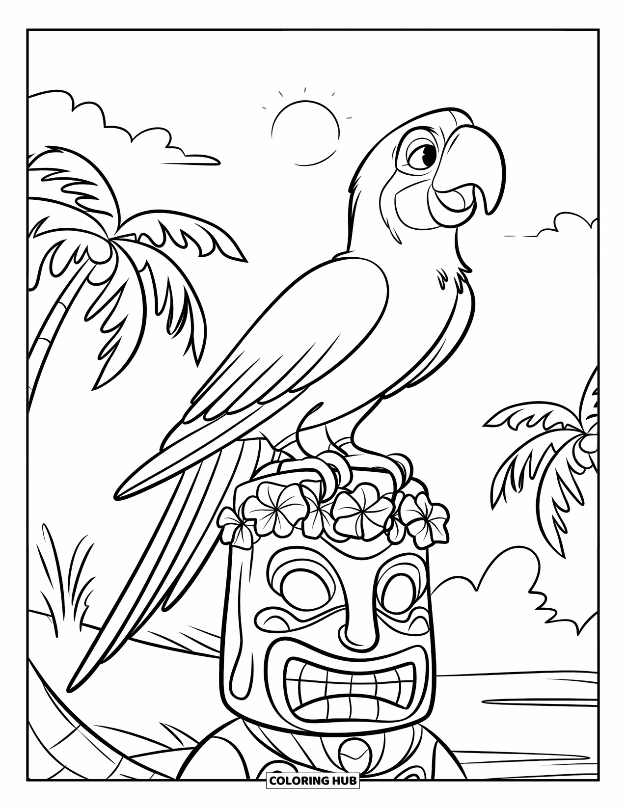 Dibujo de loro para colorear para niños: Un loro se posa en una estatua tiki de estilo hawaiano con un tocado de hojas
