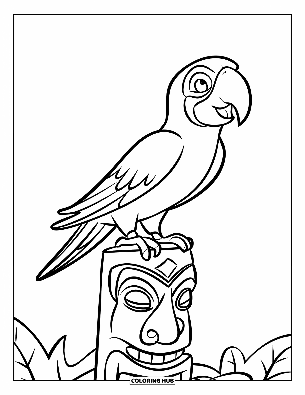Dibujo de loro para colorear para niños: Un loro se posa en una estatua tiki con un fondo simple y despejado