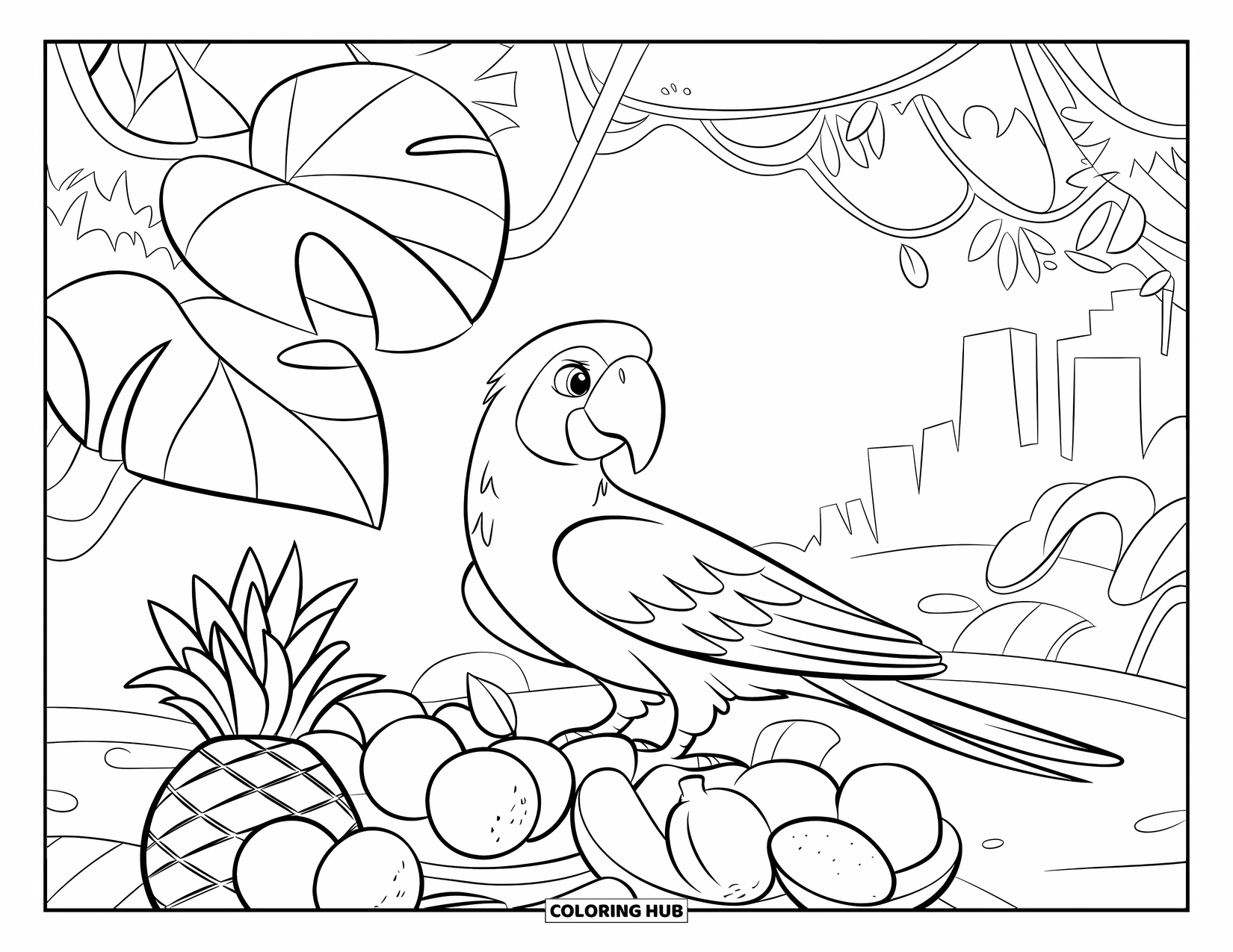 Dibujo de loro para colorear para niños: Un loro descansa cerca de plátanos y piñas en una escena selvática frondosa