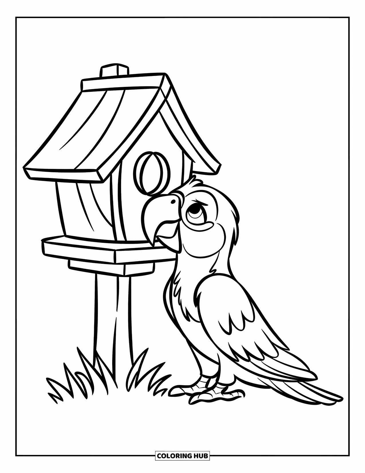 Dibujo de loro para colorear para niños: Un loro se sienta junto a una pajarera de madera montada en un poste