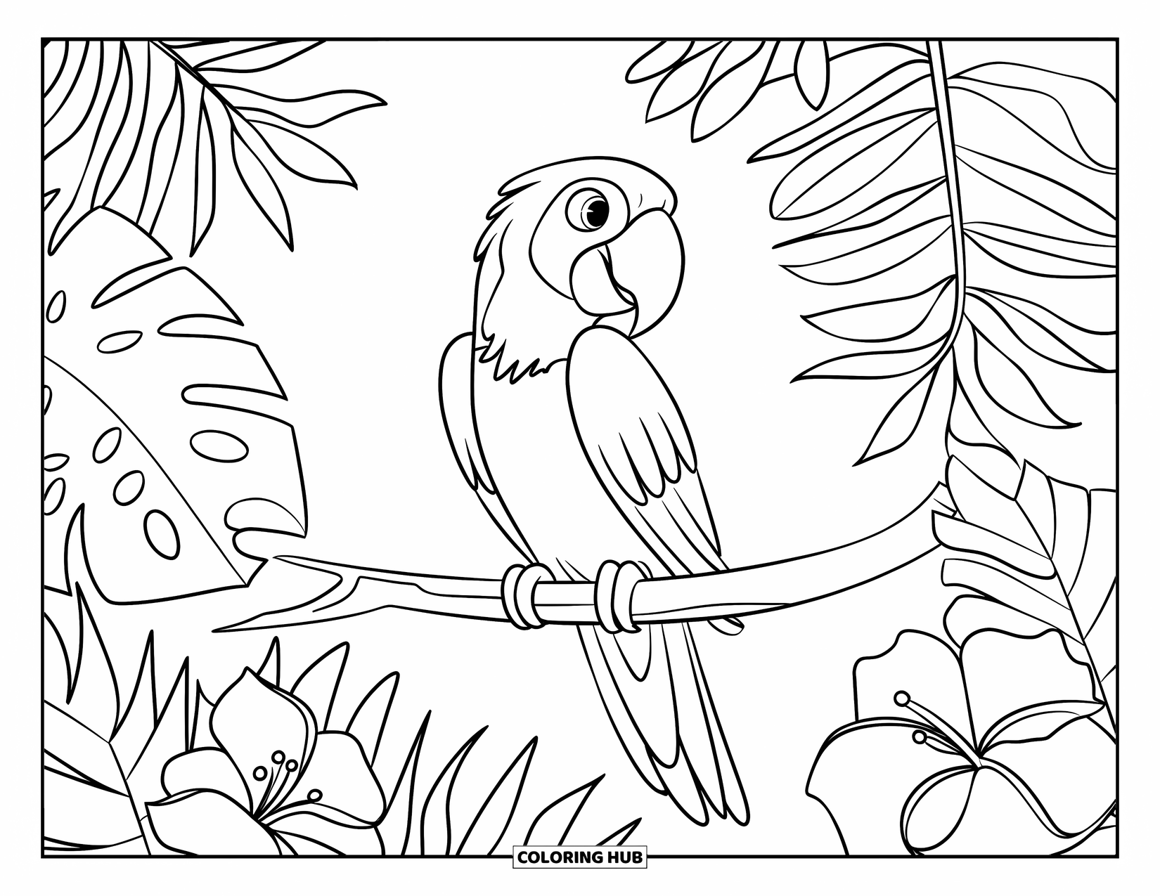 Dibujo de loro para colorear para niños: Un loro se sienta en una rama, enmarcado por hojas de palma y flores exóticas