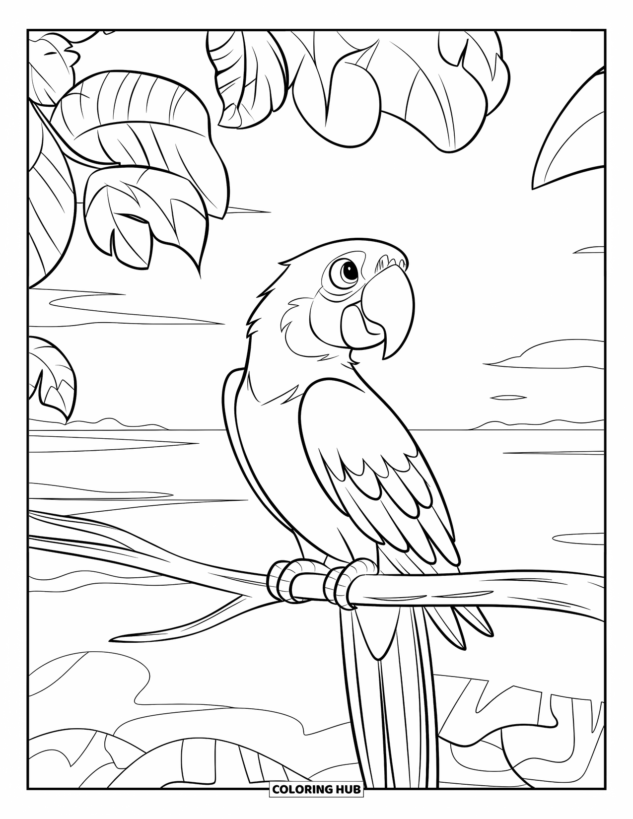 Dibujo de loro para colorear para niños: Un loro se sienta en una rama, mirando la brillante puesta de sol