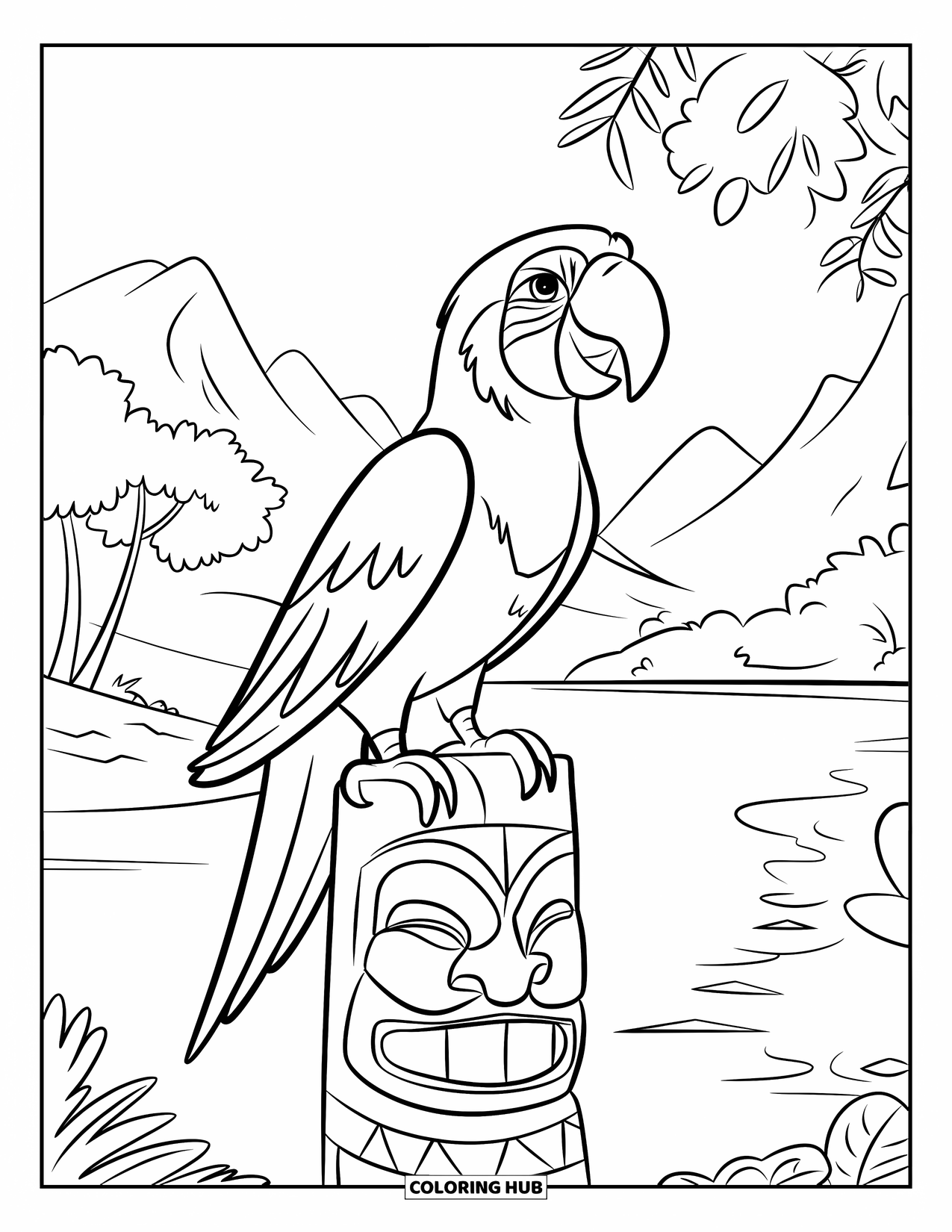 Dibujo de loro para colorear para niños: Un loro se encuentra orgullosamente en la cima de una estatua tiki en un entorno tropical