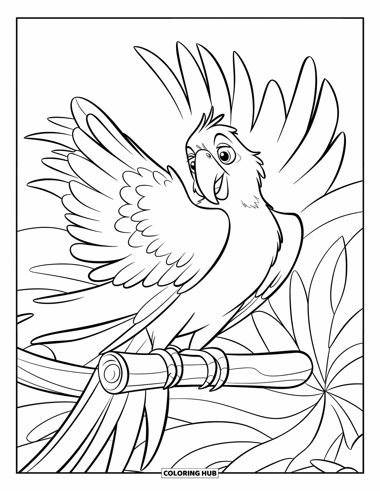 Dibujo de loro para colorear para niños: Un loro adopta una pose dramática en una percha de madera