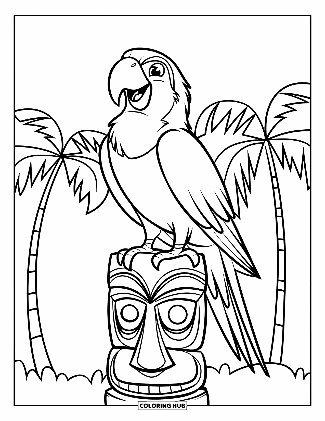 Dibujo de loro para colorear para niños: Un loro con una cabeza roja brillante se sienta en una estatua tiki tallada