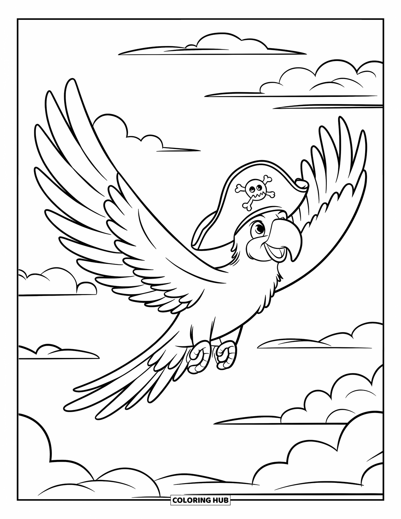 Dibujo de loro para colorear para niños: Un loro con un sombrero de pirata se desliza entre las nubes