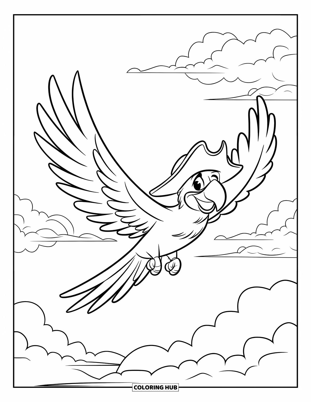 Dibujo de loro para colorear para niños: Un loro con una sonrisa juguetona se eleva pasando nubes esponjosas