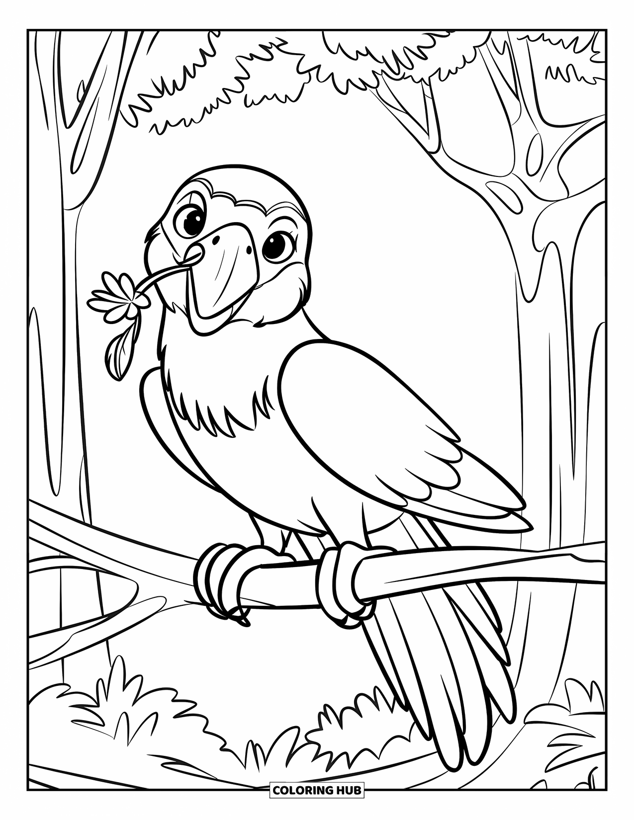 Dibujo de loro para colorear para niños: Un loro con una máscara roja se posa en una rama, sosteniendo una flor