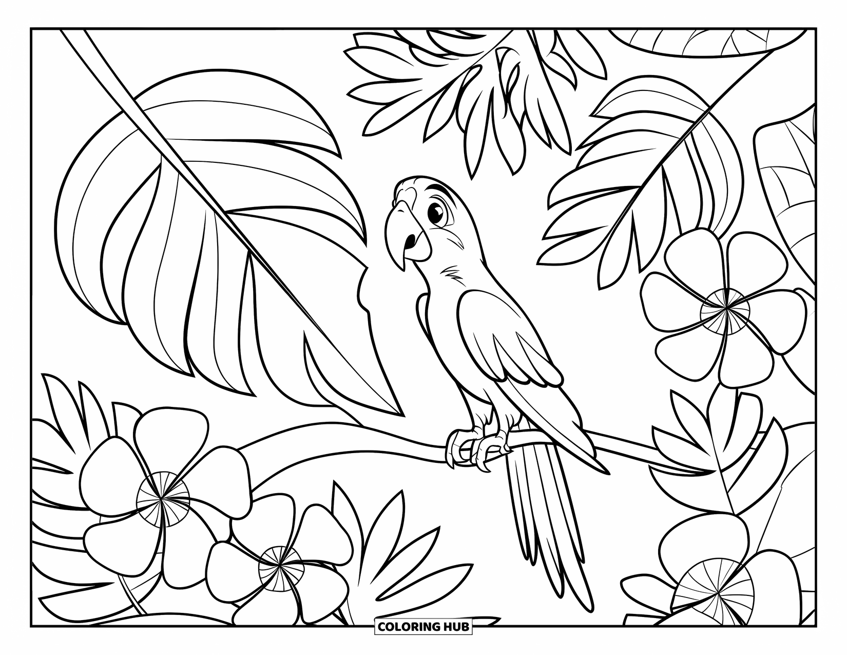Dibujo de loro para colorear para niños: Un loro con un pico naranja se sienta entre hojas de palma onduladas y flores en espiral