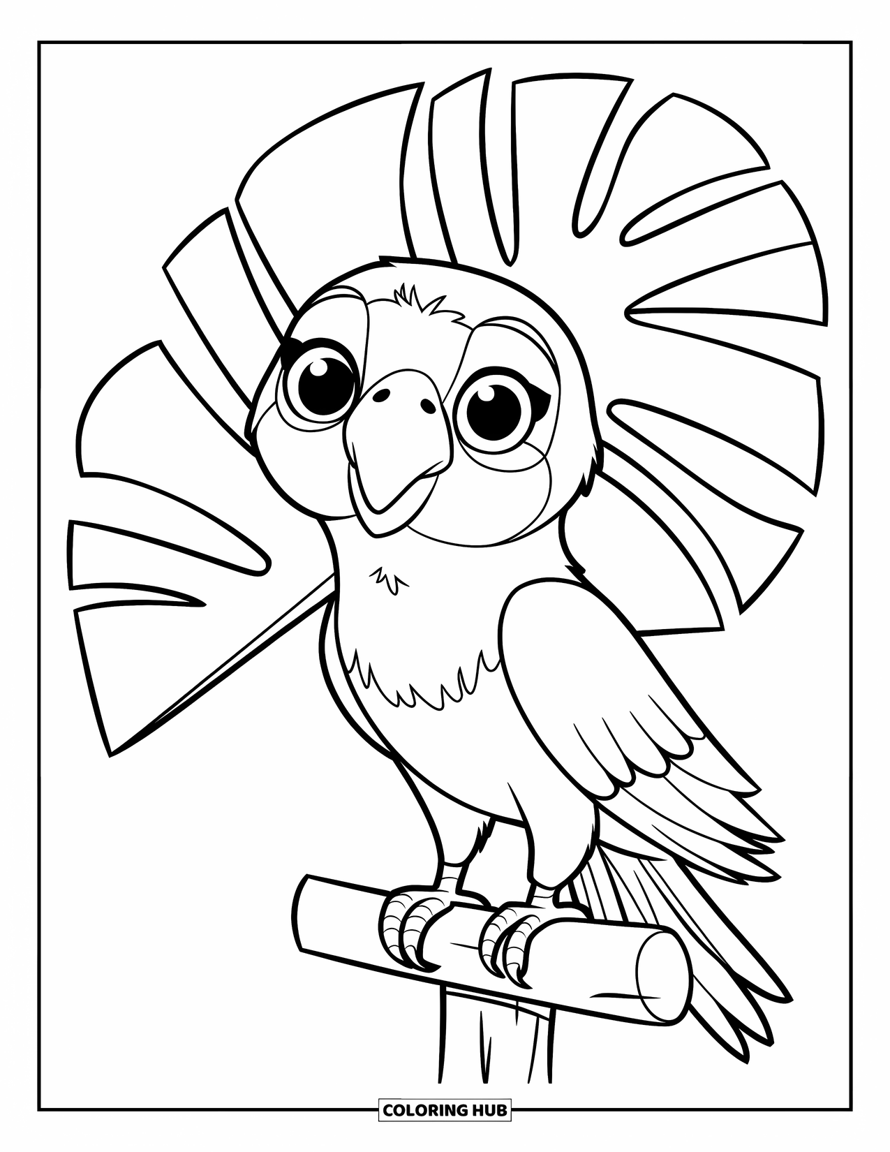 Dibujo de loro para colorear para niños: Un loro con grandes ojos se posa en un palo, enmarcado por una hoja tropical