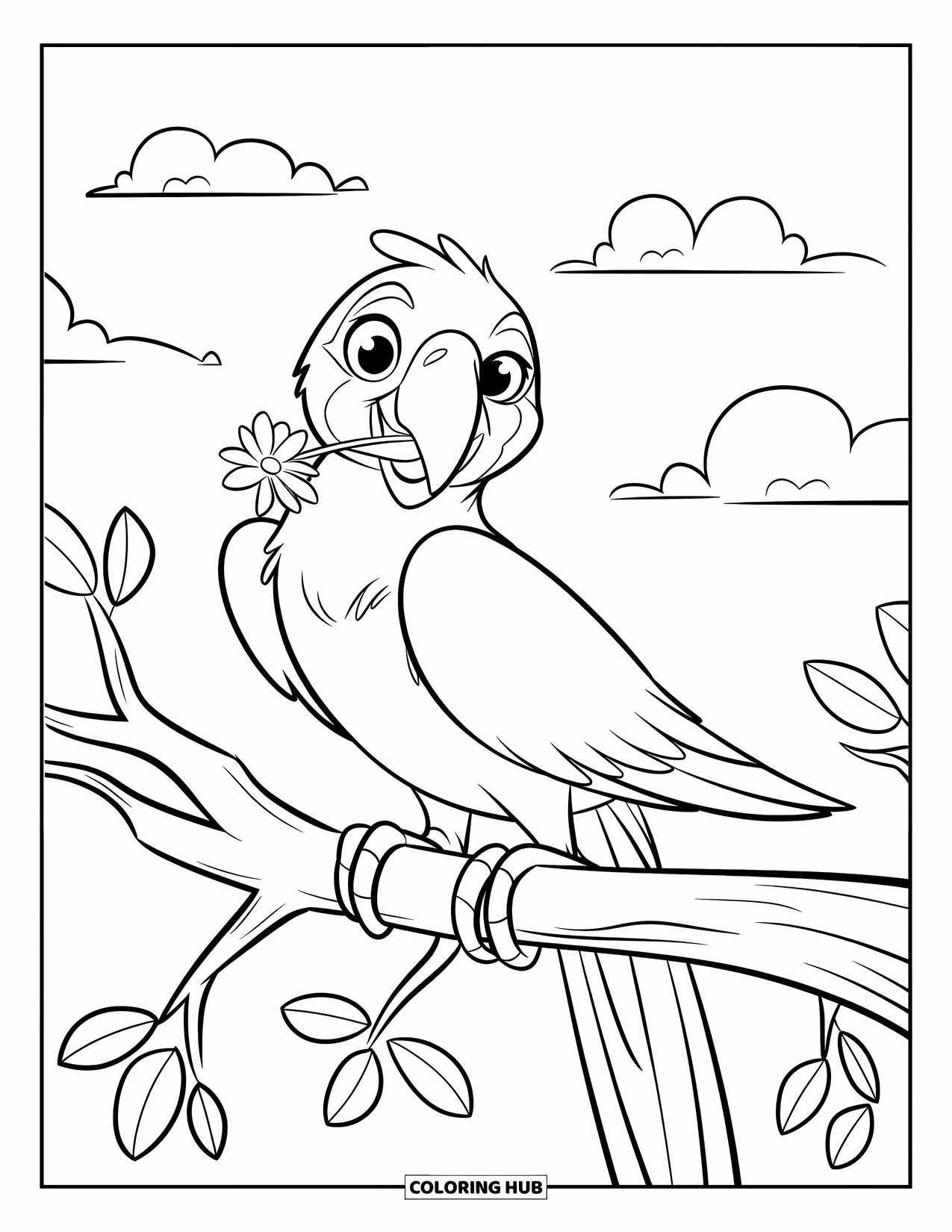 Dibujo de loro para colorear para niños: Un loro con brillantes ojos rojos sostiene una flor en su pico