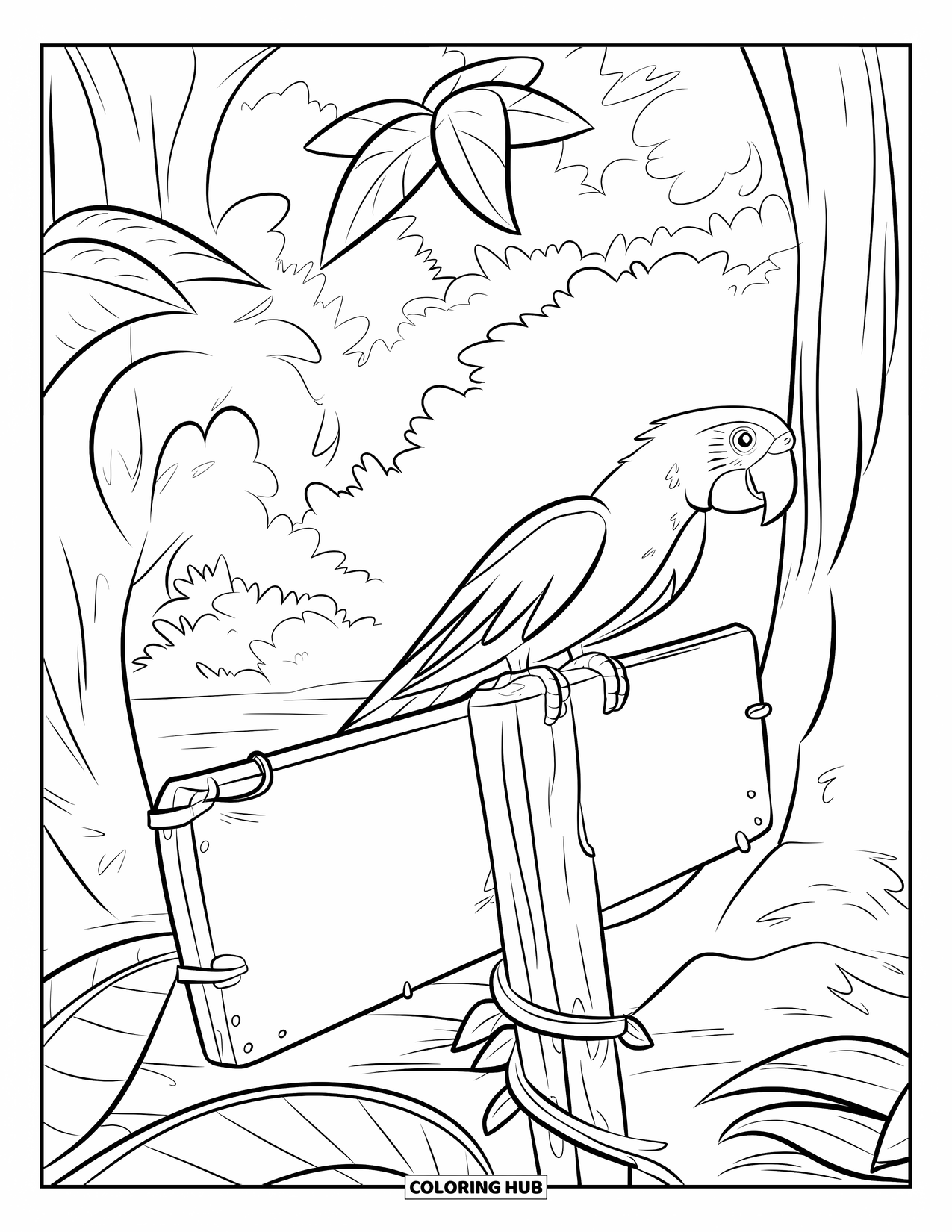 Dibujo de loro para colorear para niños: Un loro con plumas rojas y azules se sienta en un letrero desgastado de la selva tropical