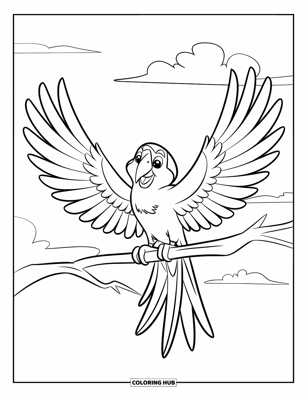 Dibujo de loro para colorear para niños: Un loro con las alas extendidas se posa en la rama de un árbol