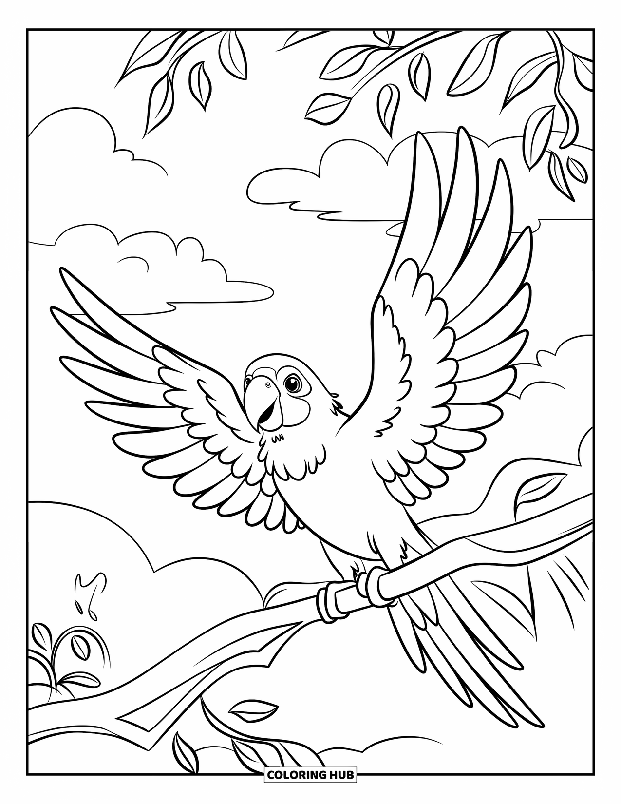 Dibujo de loro para colorear para niños: Un loro con las alas bien abiertas se posa en una rama con nubes esponjosas arriba