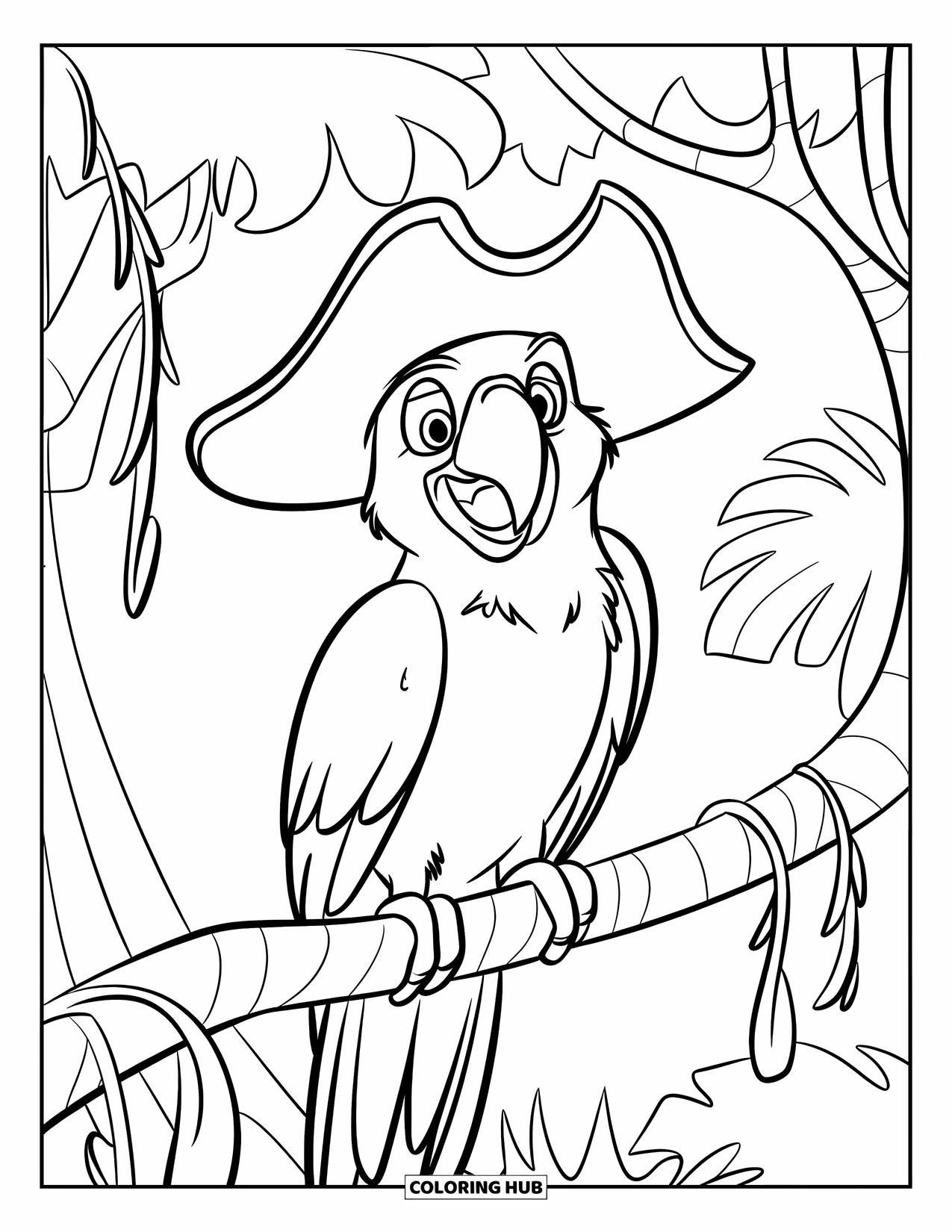 Dibujo de loro para colorear para niños: Un loro con un sombrero de pirata se posa en la rama de un árbol tropical con enredaderas colgantes