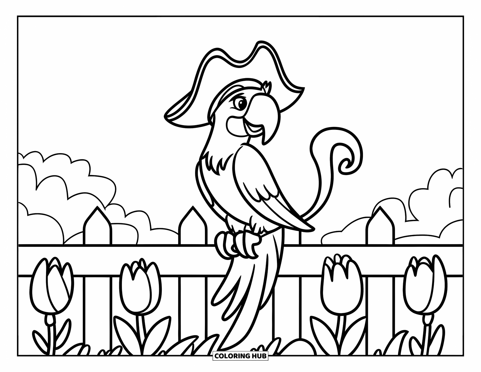 Dibujo de loro para colorear para niños: Un loro pirata con una cola curva se sienta en una cerca rodeada de tulipanes