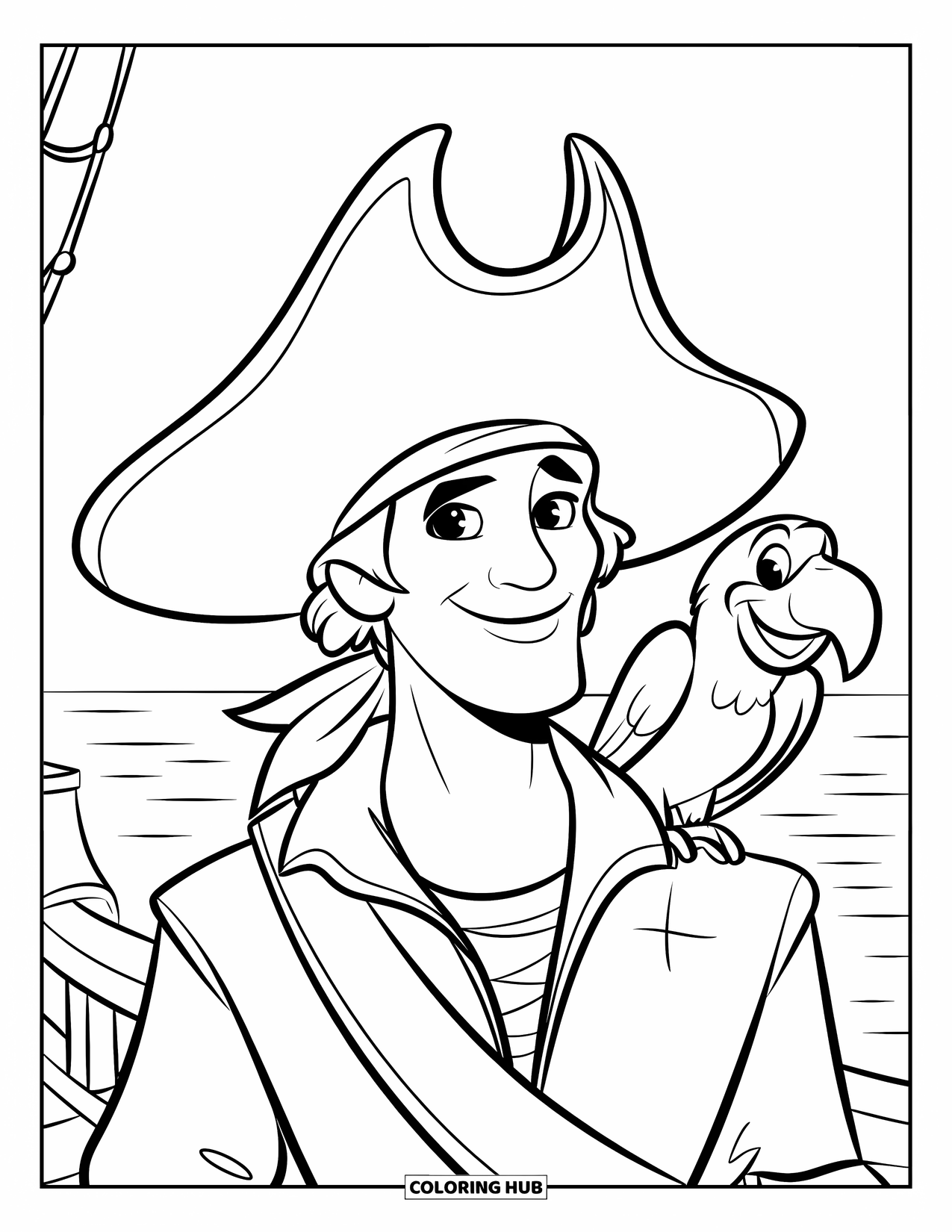 Dibujo de loro para colorear para niños: Un pirata está de pie en la cubierta de un barco con un loro feliz en su hombro