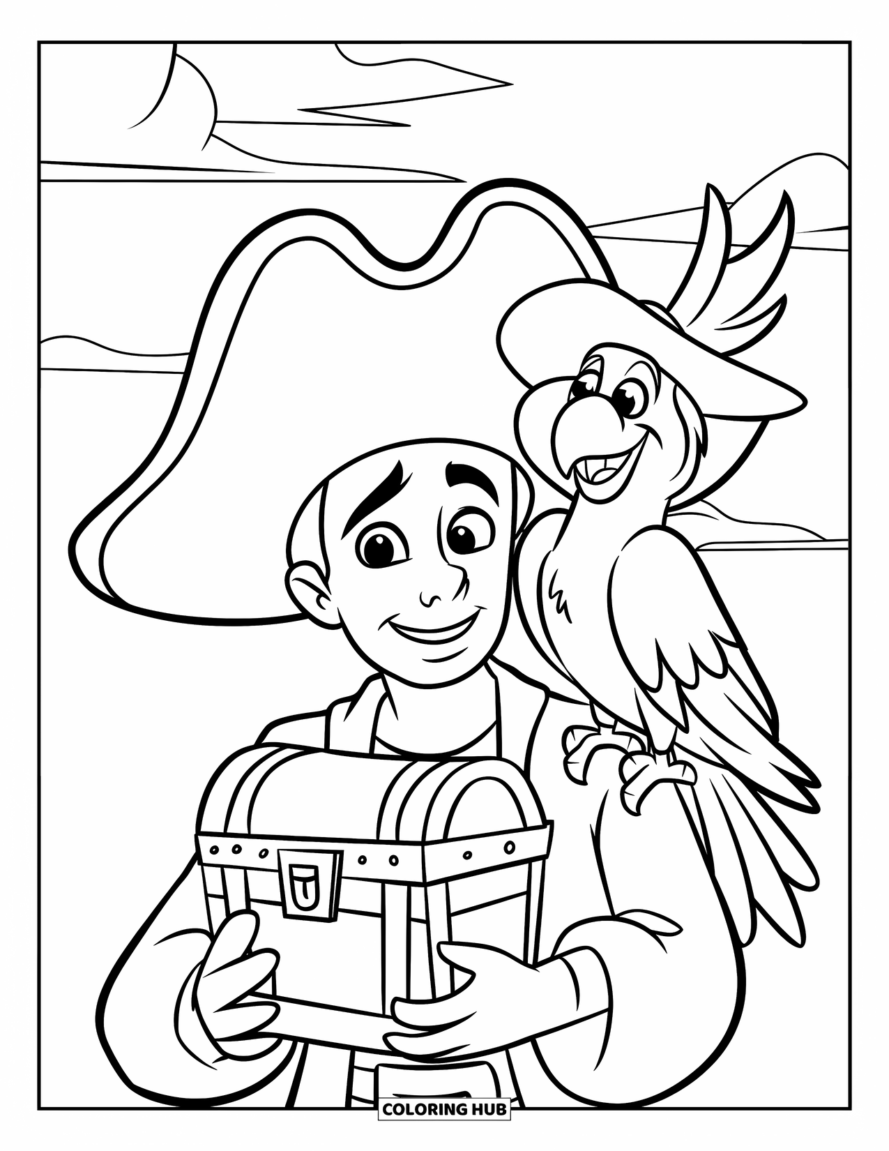 Dibujo de loro para colorear para niños: Un pirata con un amigo emplumado en su hombro sostiene un cofre del tesoro