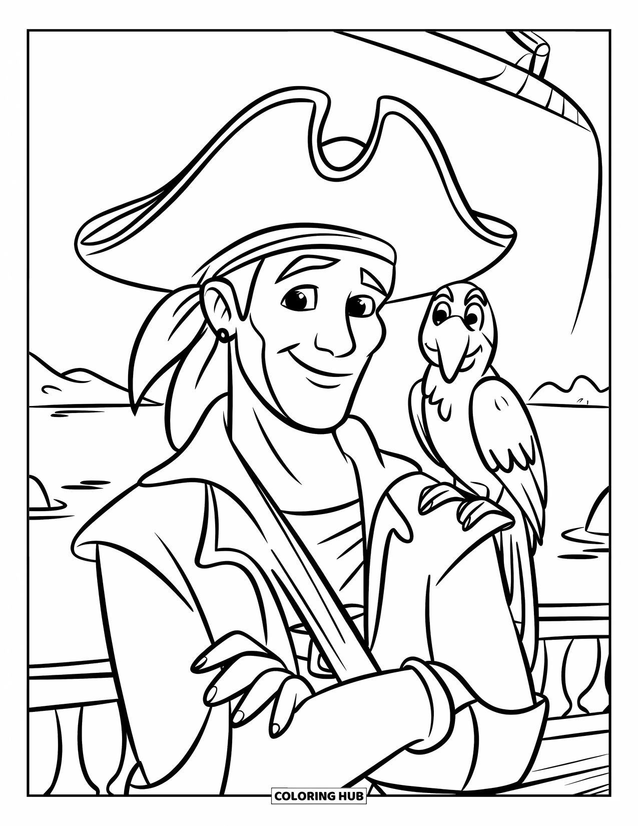 Dibujo de loro para colorear para niños: Un pirata con un loro está de pie en un barco, mirando el mar en calma