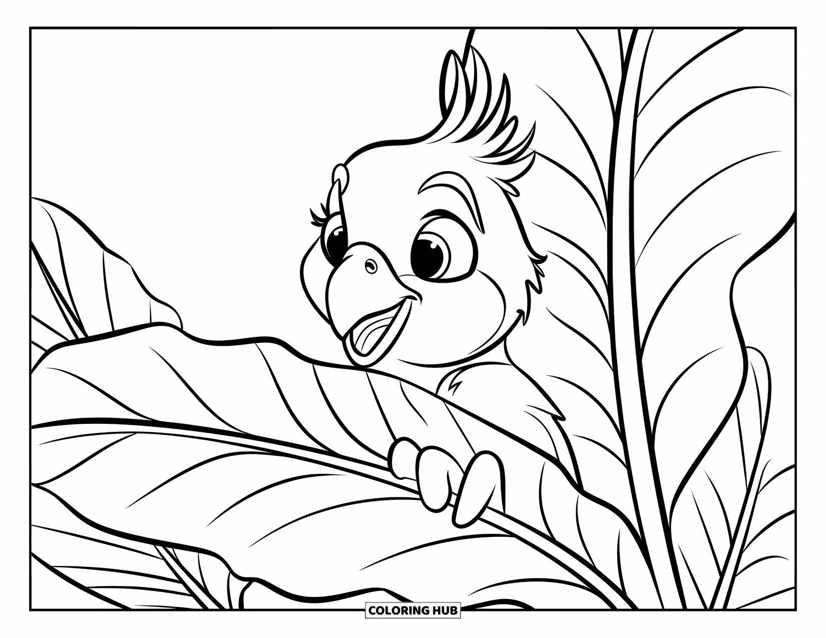 Dibujo de loro para colorear para niños: Un loro juguetón asoma por detrás de una gran hoja tropical