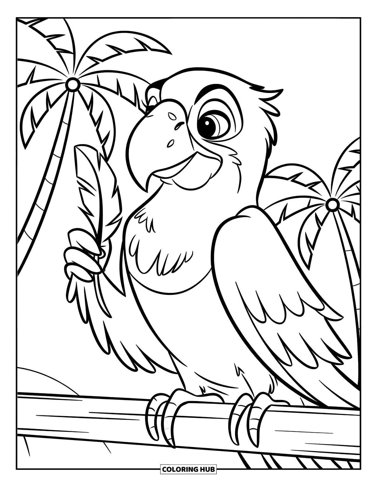 Dibujo de loro para colorear para niños: Un loro orgulloso sostiene una pluma en su garra mientras está posado en un poste
