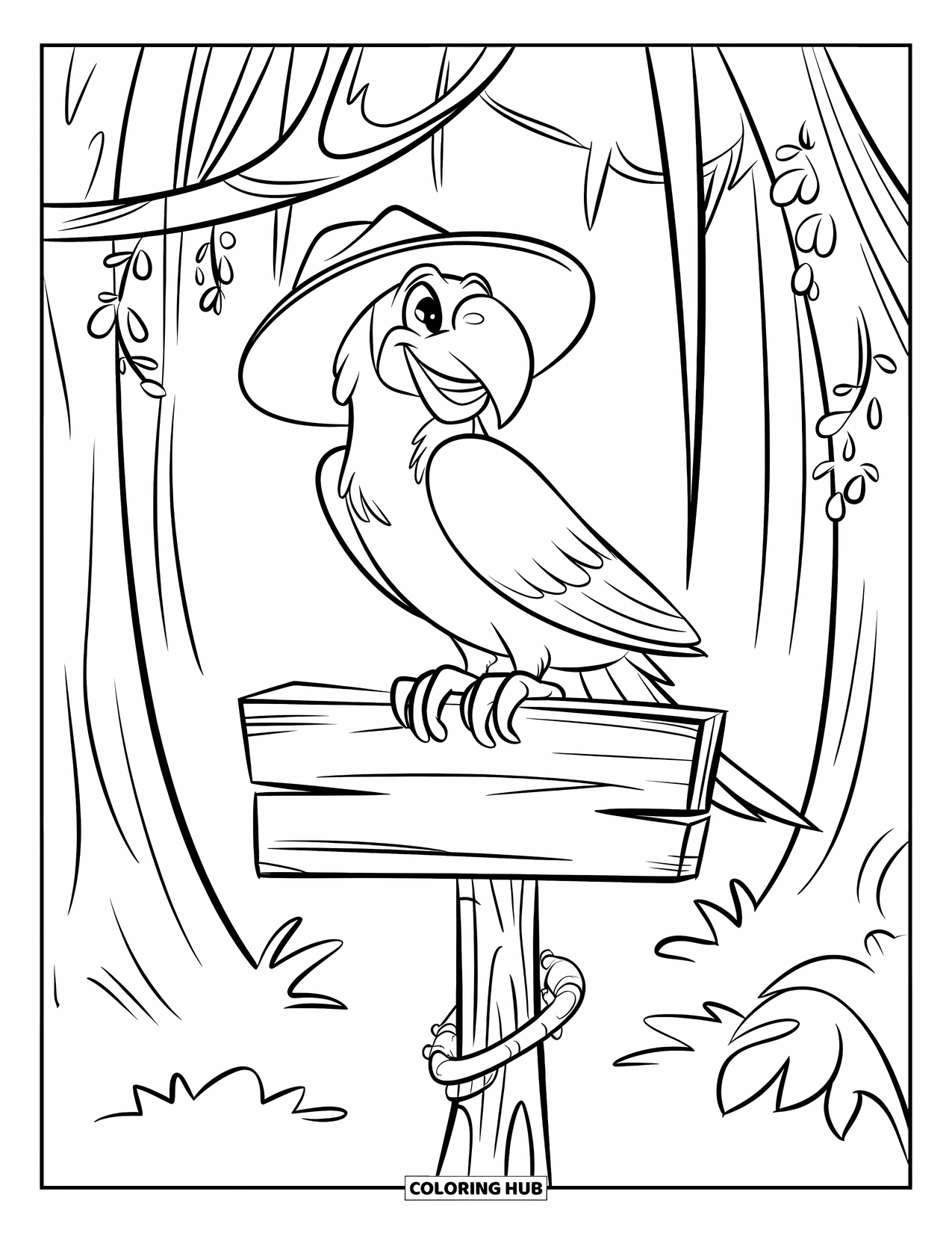 Dibujo de loro para colorear para niños: Un loro de la selva tropical se posa en un letrero de madera desgastado y cubierto de enredaderas