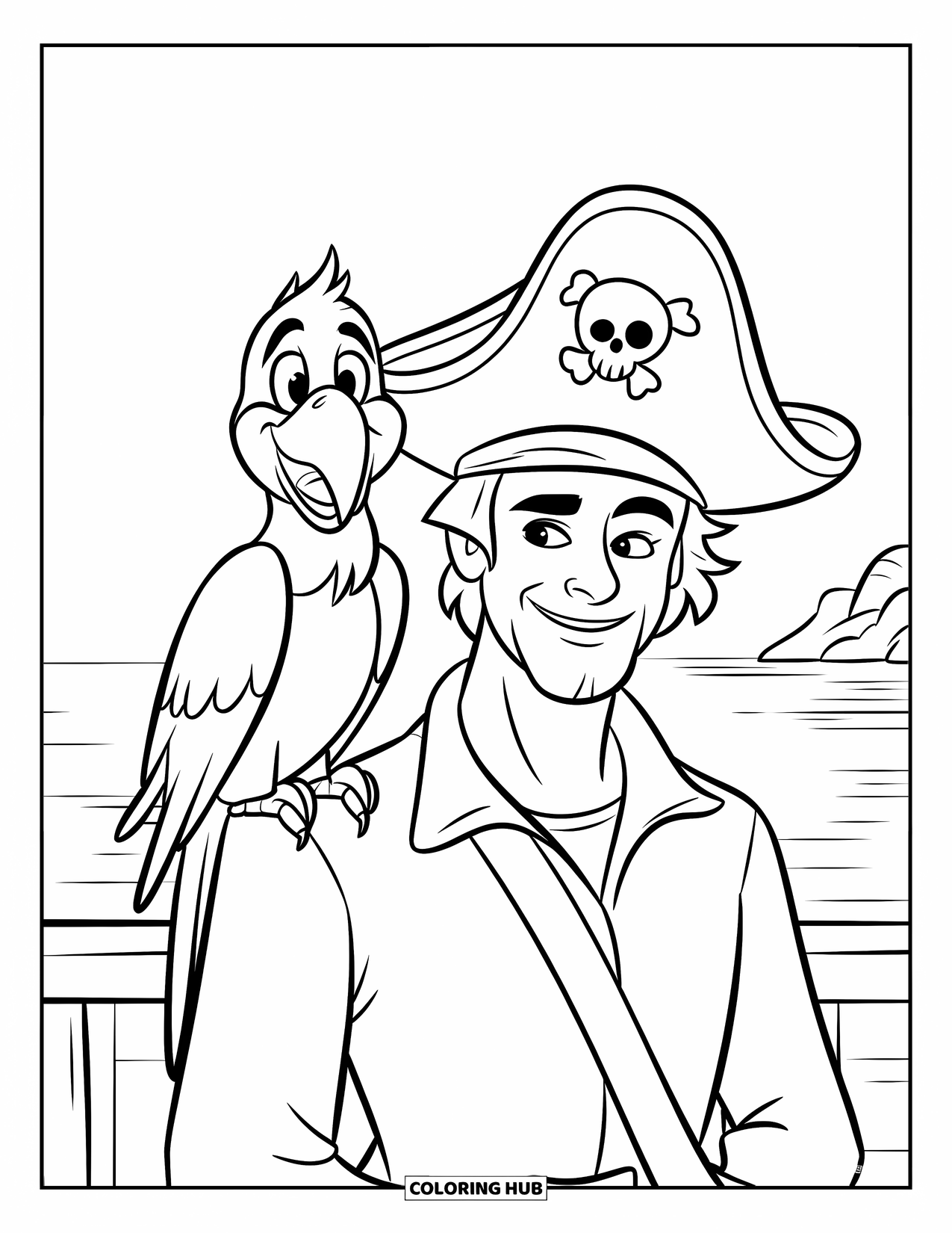 Dibujo de loro para colorear para niños: Un loro sonriente se sienta en el hombro de un pirata en la cubierta de un barco de madera