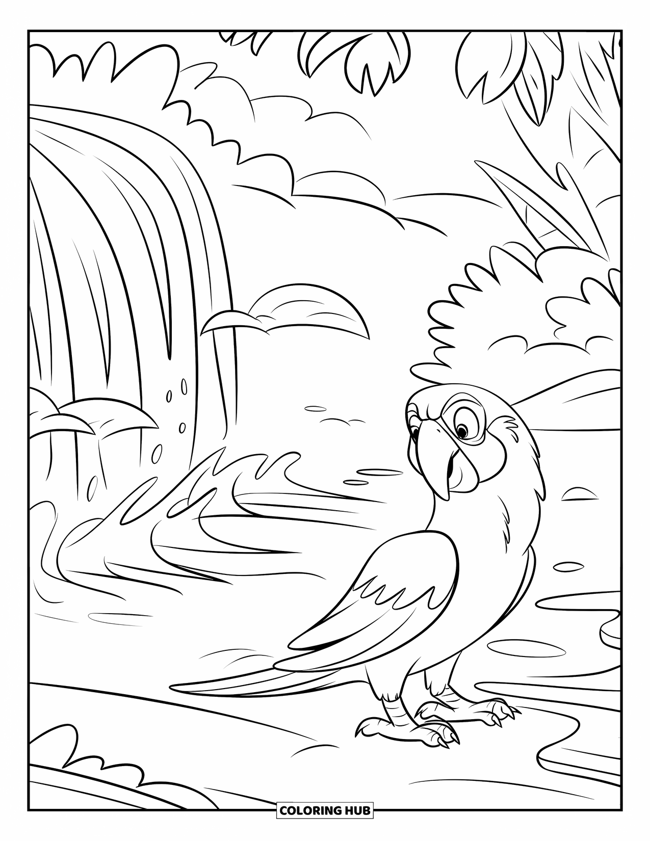 Dibujo de loro para colorear para niños: Un loro tropical se encuentra cerca de una cascada