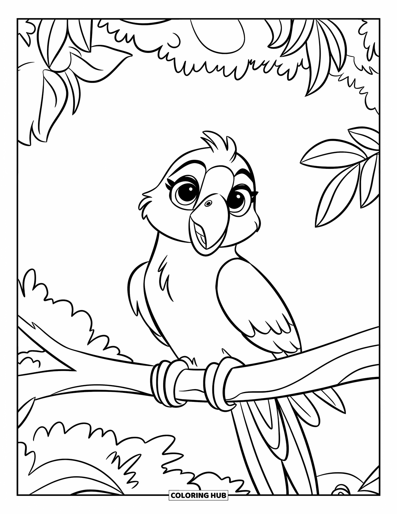 Dibujo de loro para colorear para niños: Un adorable loro con grandes ojos se sienta en una gruesa rama de árbol